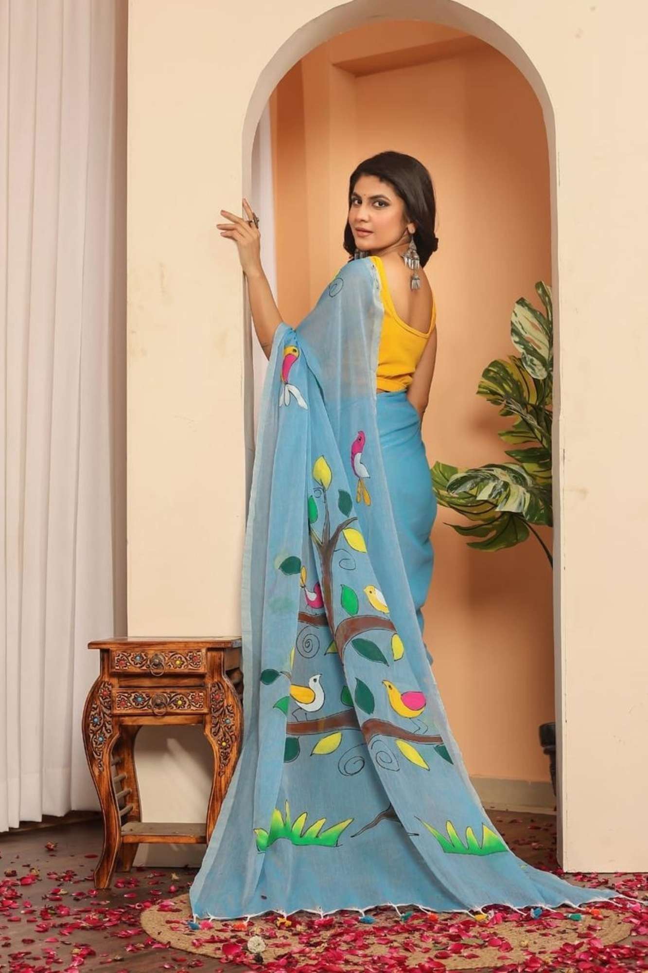 Light Blue Mulmul Cotton with Hand-Painted Tree & Birds Motif Ready To Wear Saree