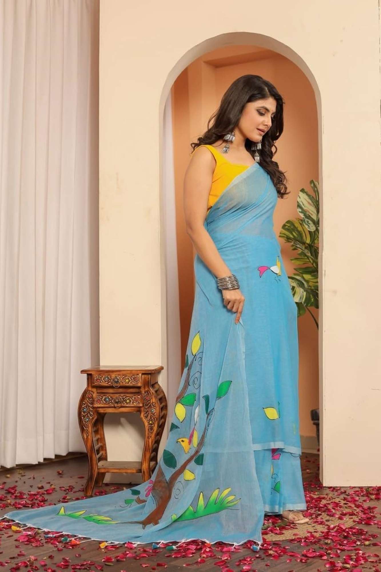 Light Blue Mulmul Cotton with Hand-Painted Tree & Birds Motif Ready To Wear Saree