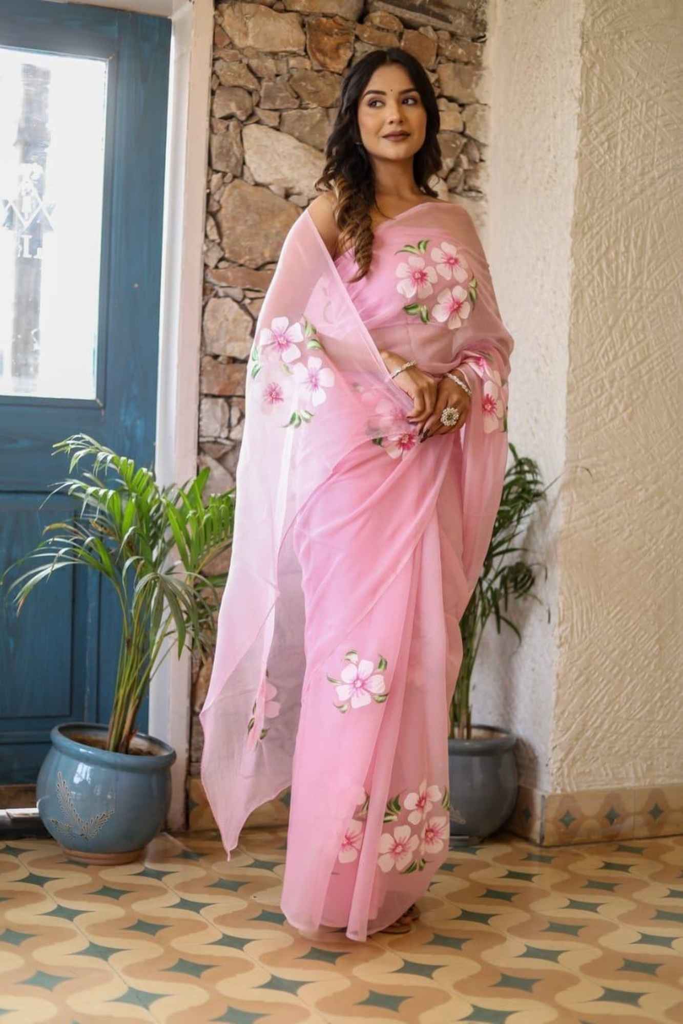 Light Pink Hand-Painted with Delicate Floral Motifs Ready To Wear Saree