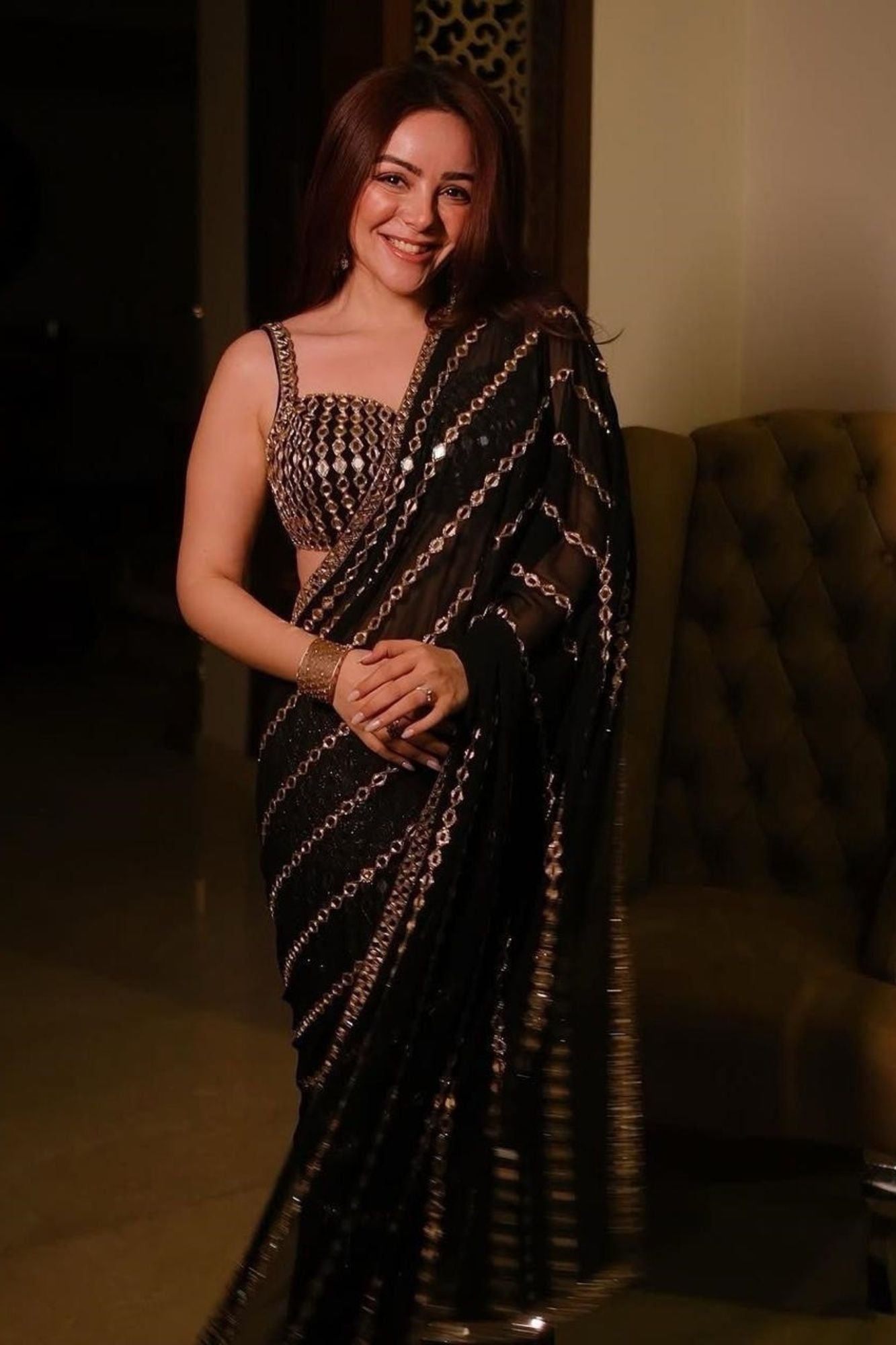 Mirror & Embroidery Work Georgette Ready To Wear Saree