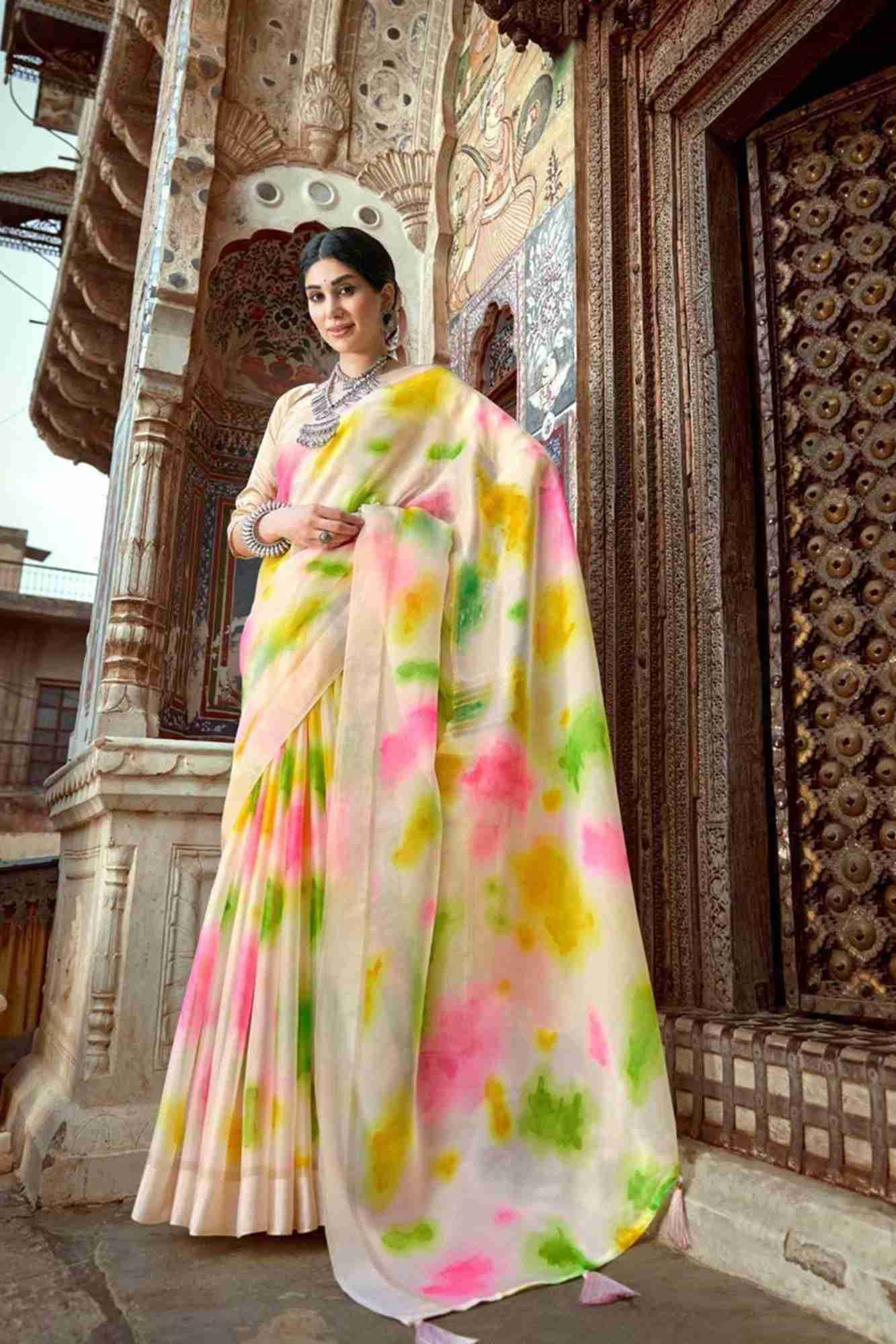 Pastel Bloom Khadi Organza Khadi with Artistic Spray Prints & Latkan Ready To Wear Saree