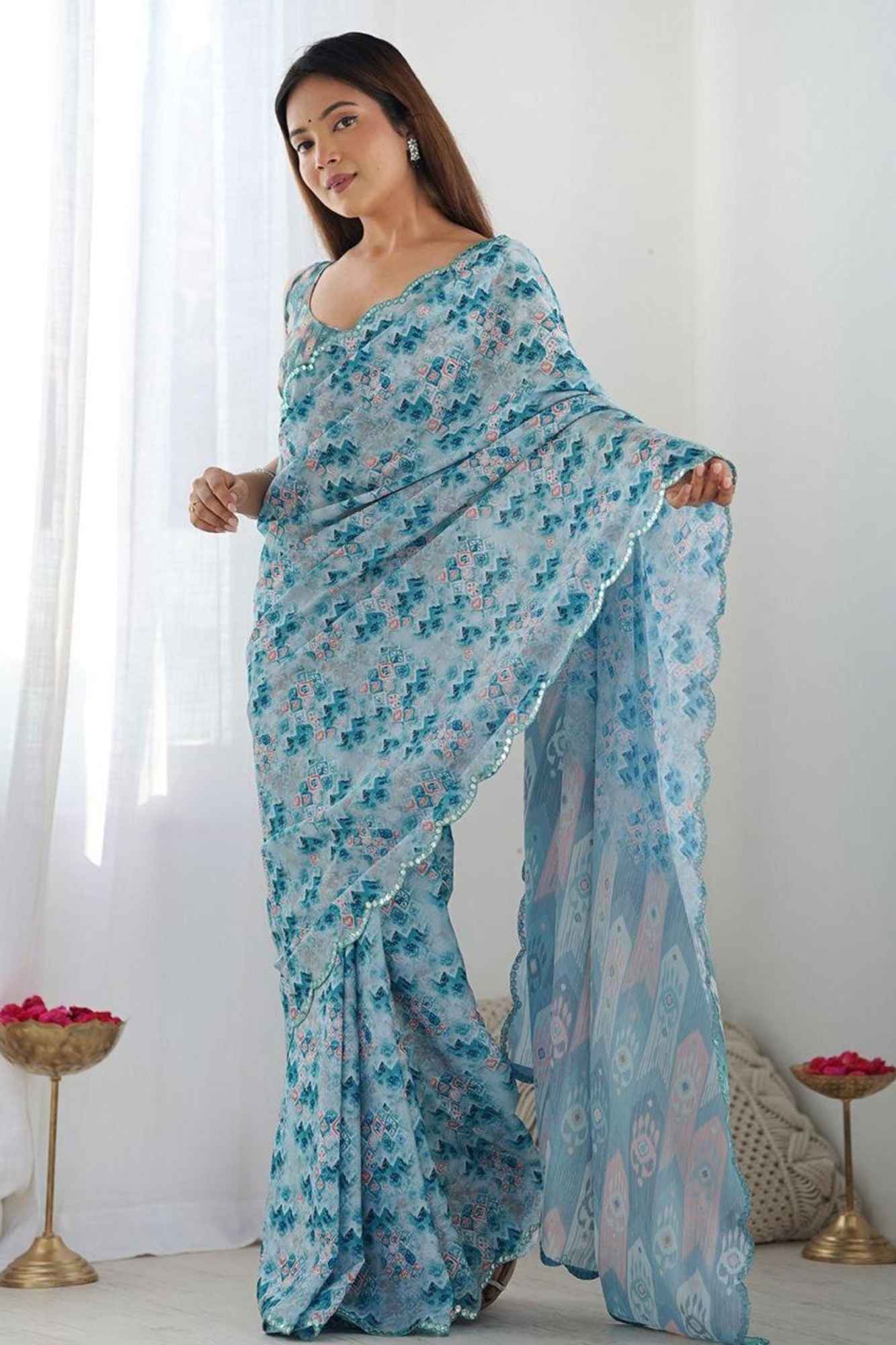 Light Blue Georgette Silk with Mirror Work Border Ready To Wear Saree