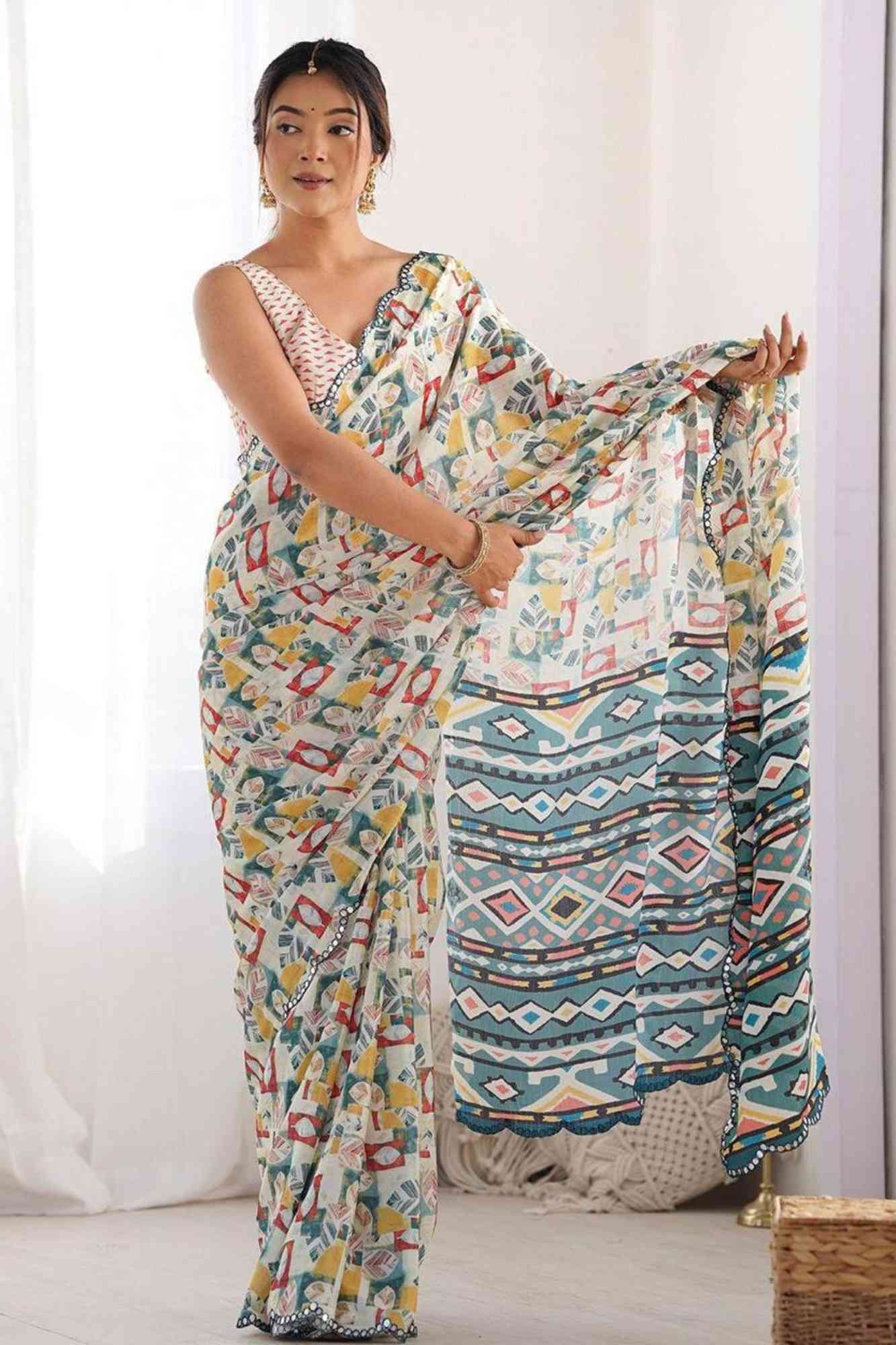 Digital Print Georgette Saree with Multicolor Geometric Motifs and Scalloped Border Ready To Wear Saree