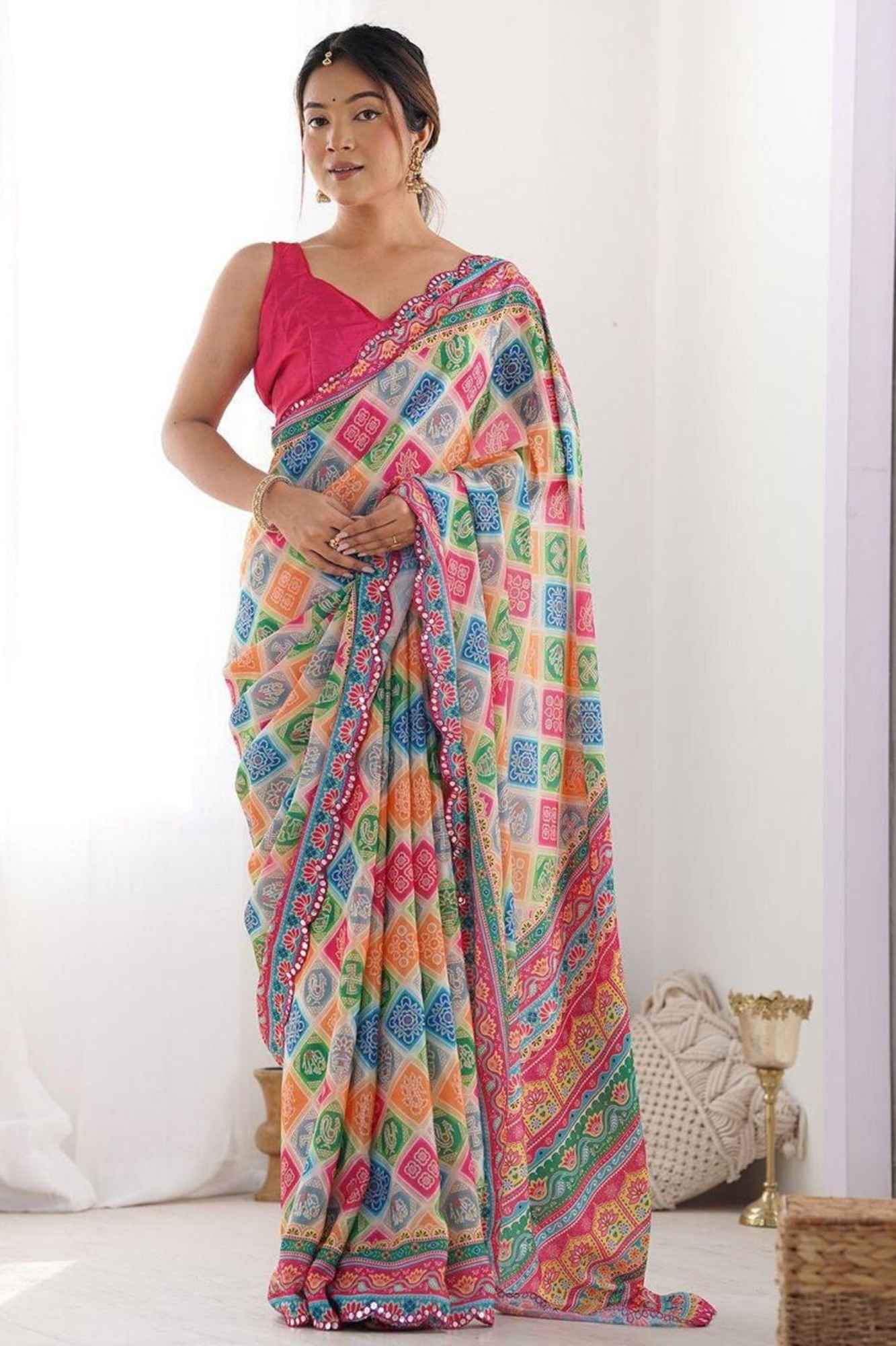 Georgette Silk Multicolour Block Digital Print with Mirror Work Border Ready To Wear Saree