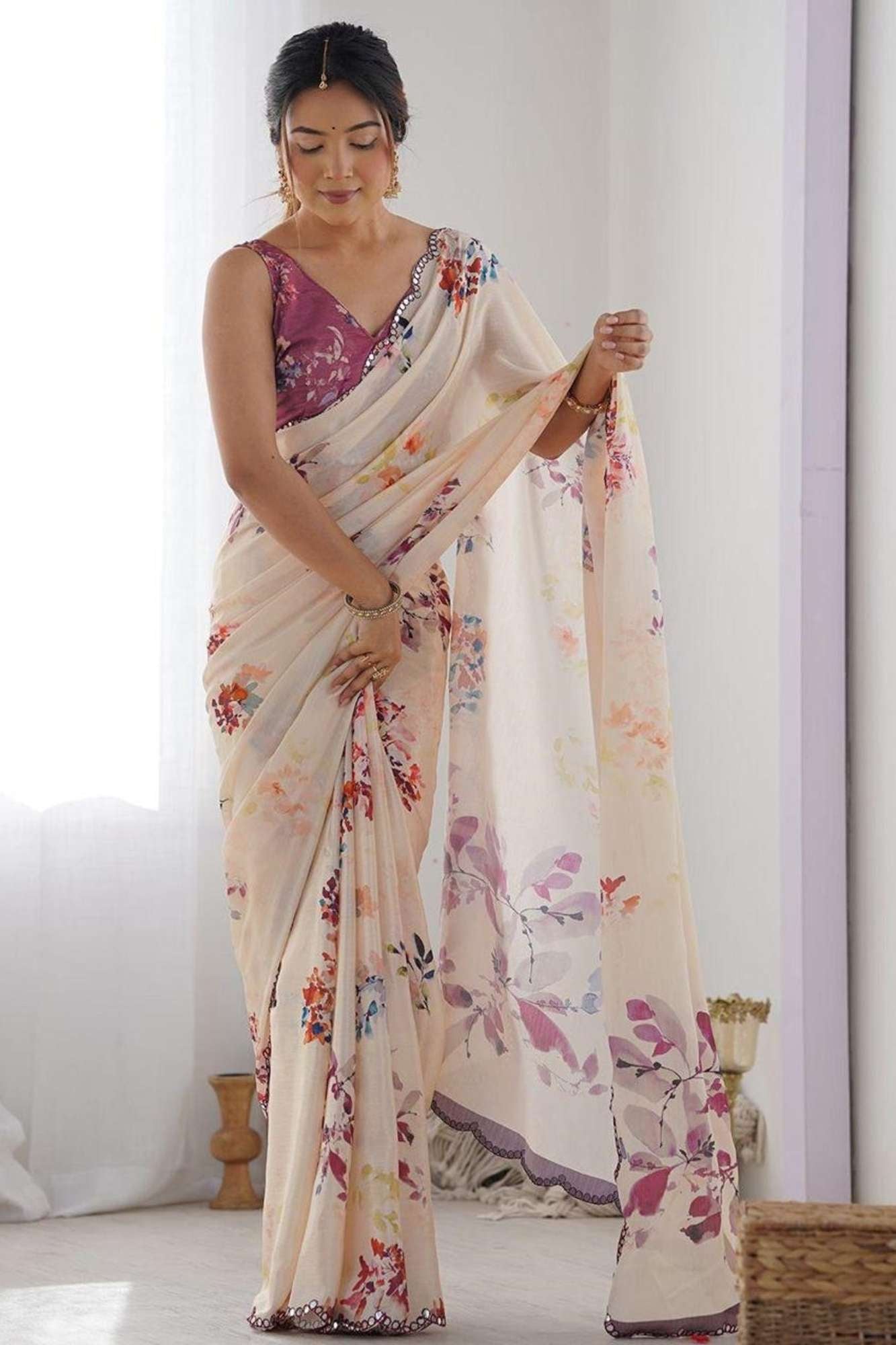 Georgette Silk Floral Digital Print with Mirror Work Border Ready To Wear Saree