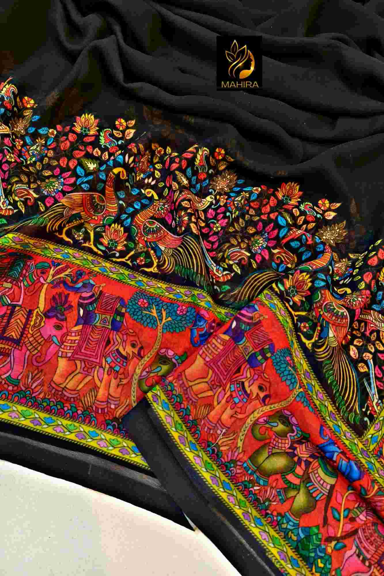 Soft Georgette with intricate floral & animal motif print prestitched ready to wear saree