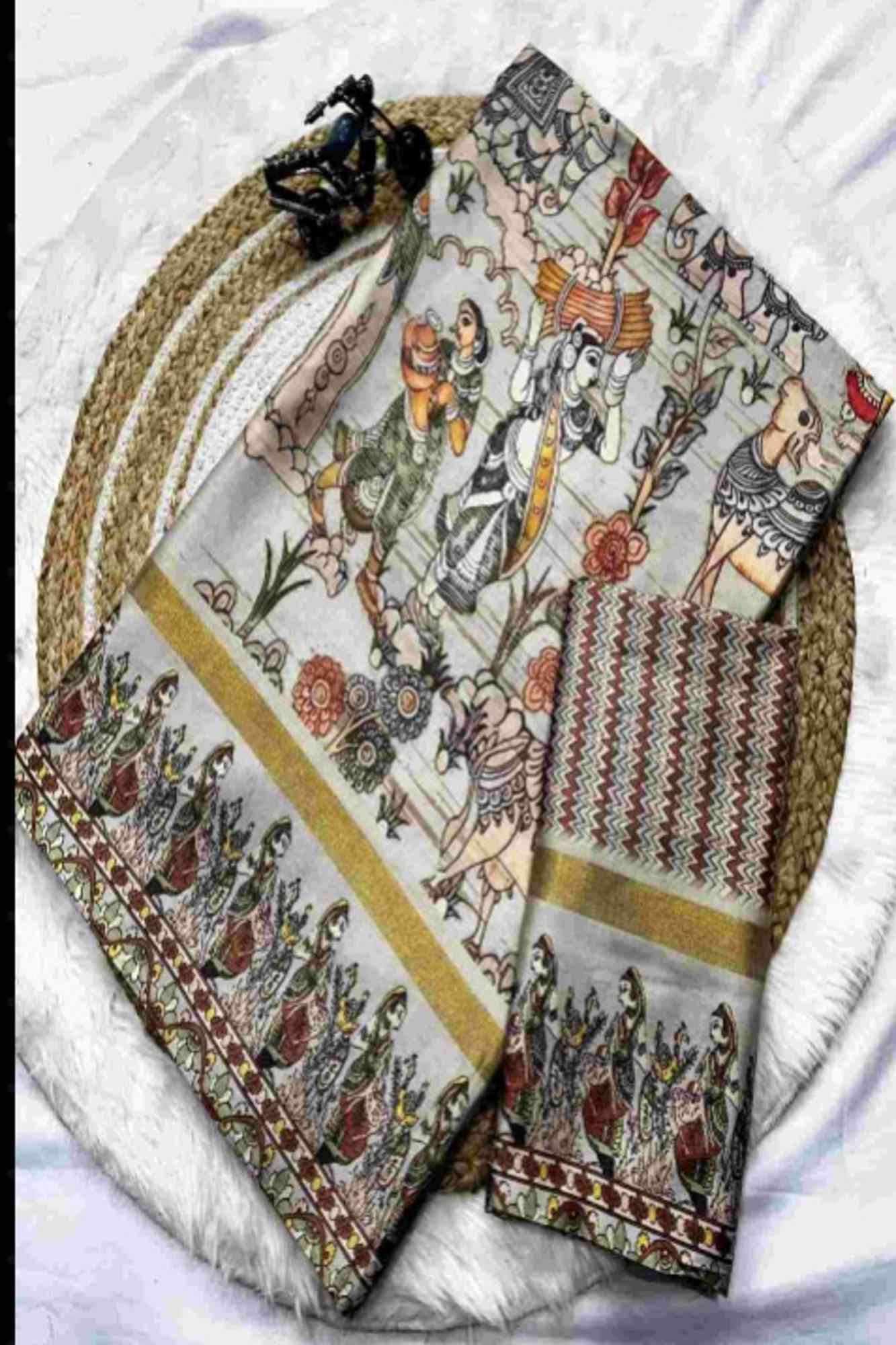 Cotton silk light weight Madhubani Pichwai Artwork Printed Ready To Wear Saree