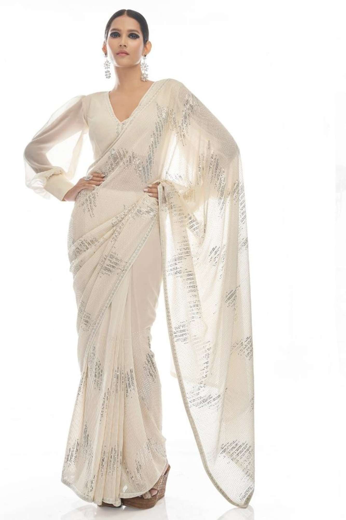 Ivory Sequin Dream in Georgette Ready To Wear Saree