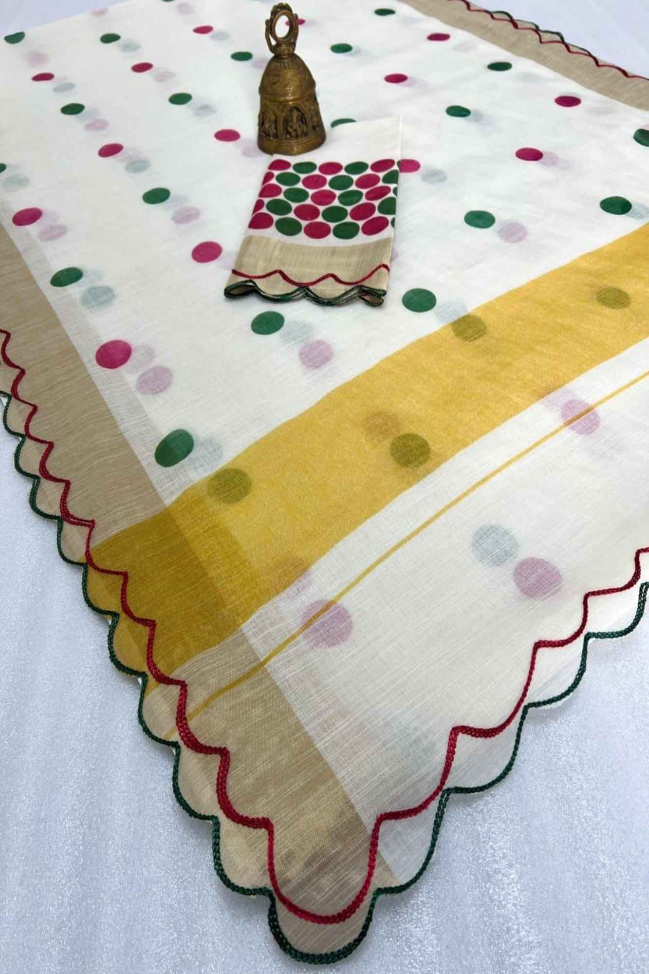 Polka Linen with Gold Zari and Scallop Border Ready To Wear Saree