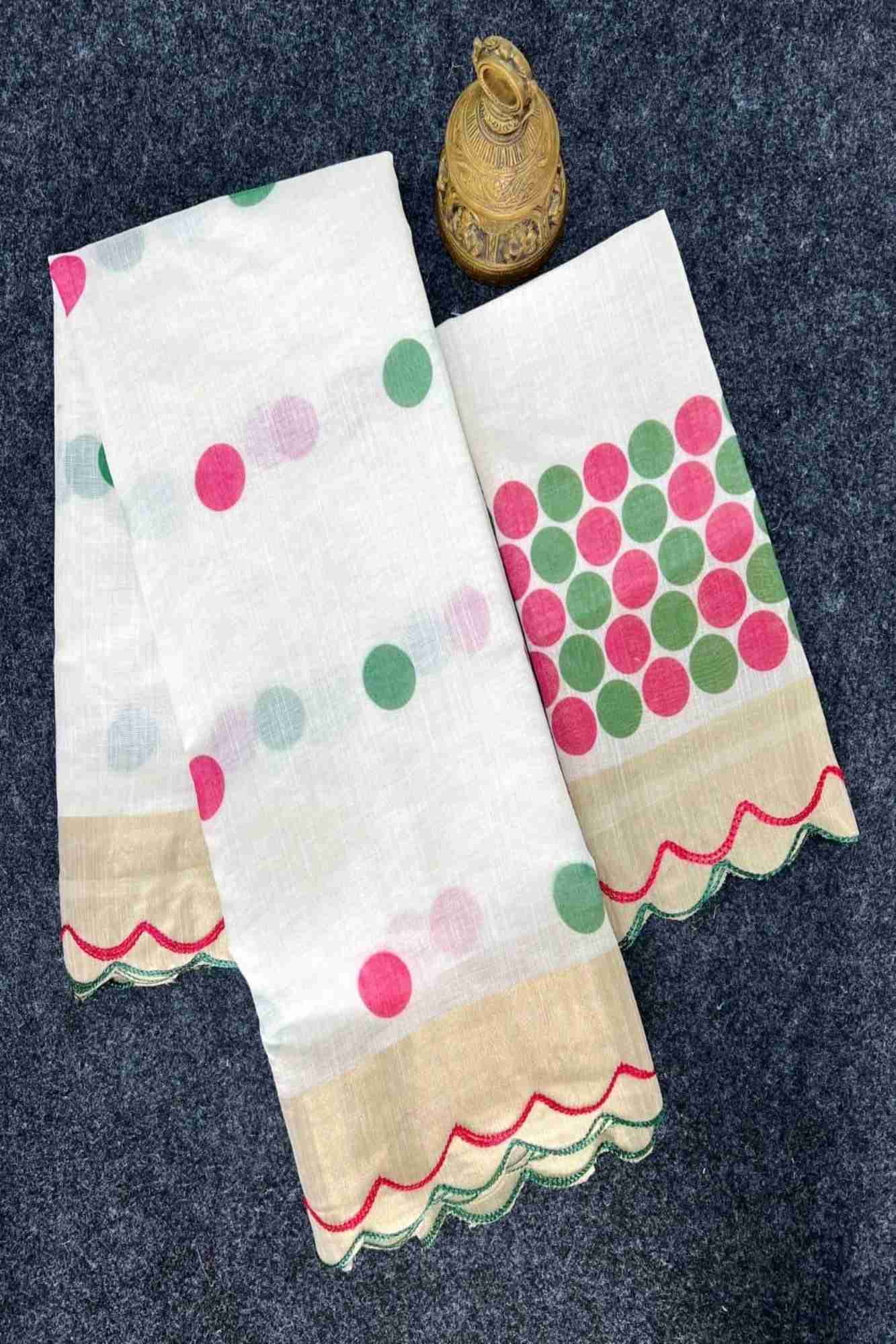 Polka Linen with Gold Zari and Scallop Border Ready To Wear Saree