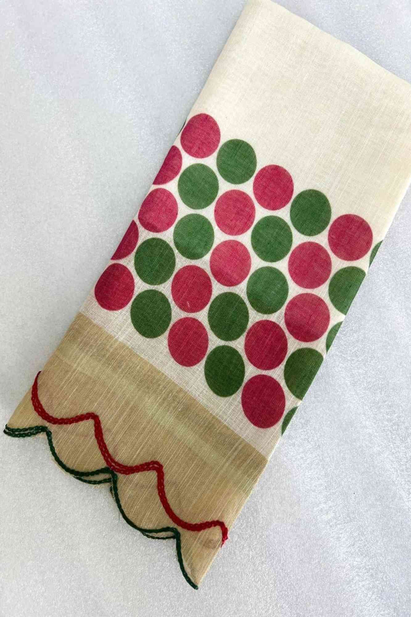 Polka Linen with Gold Zari and Scallop Border Ready To Wear Saree