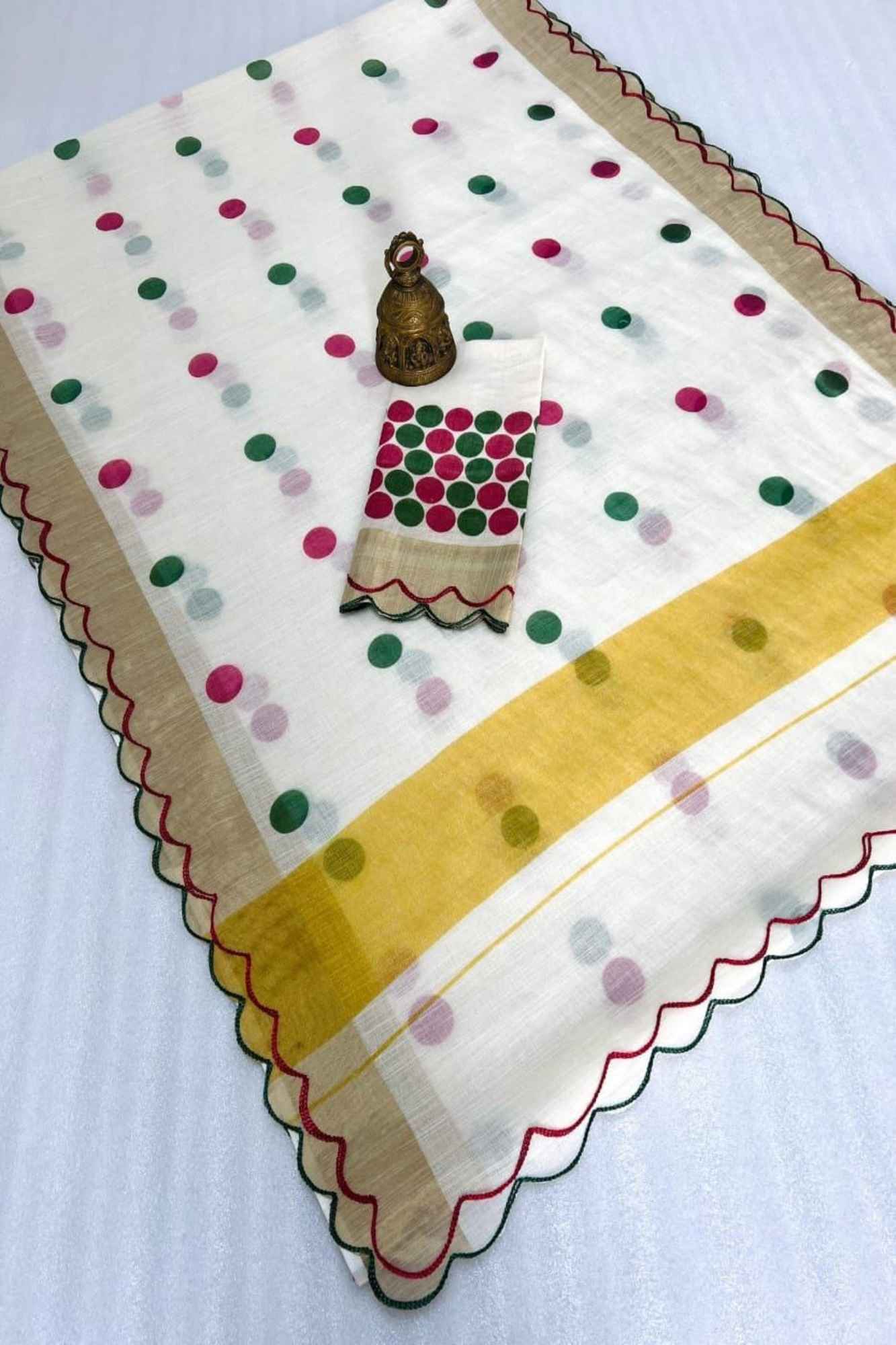 Polka Linen with Gold Zari and Scallop Border Ready To Wear Saree