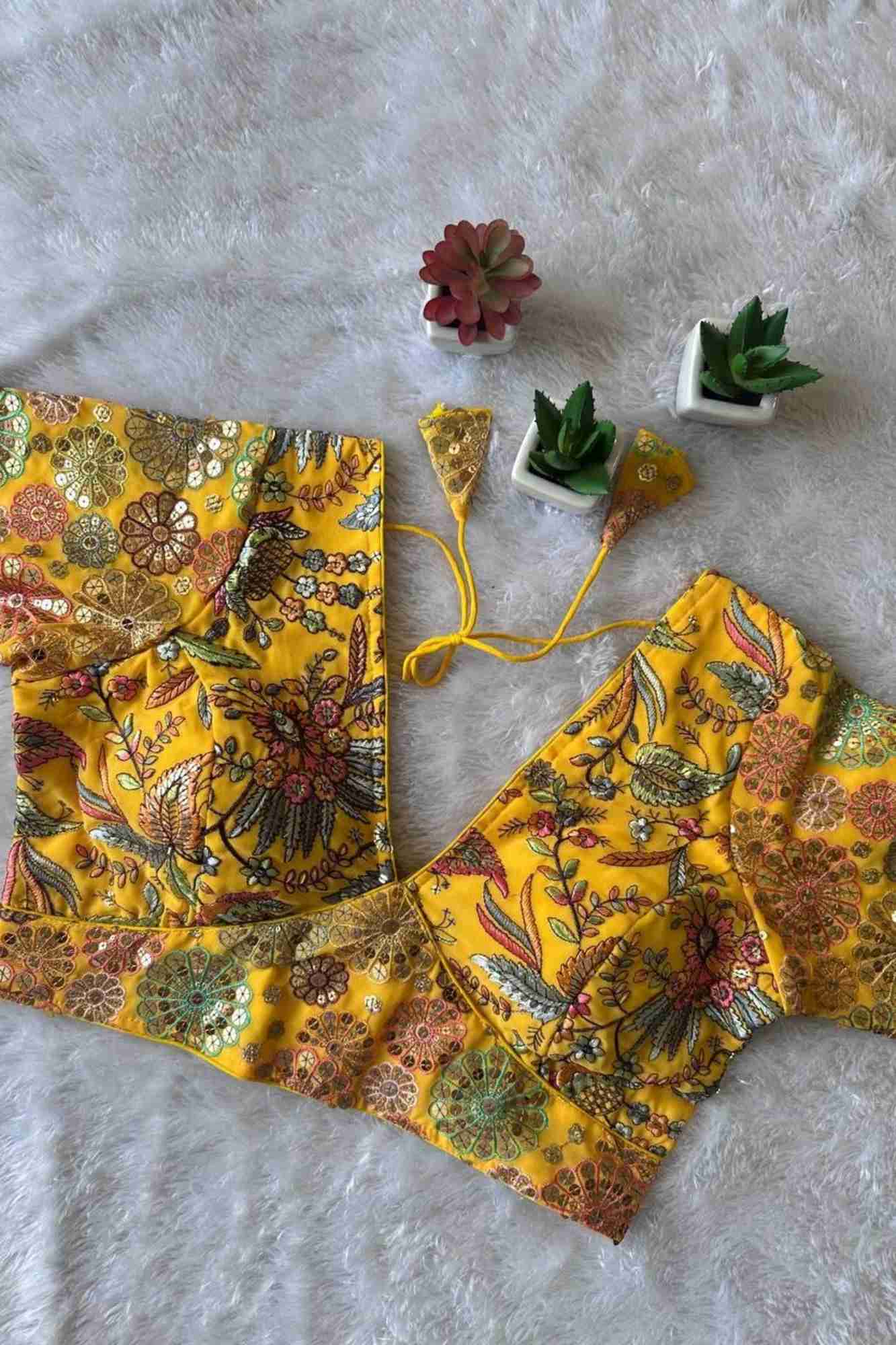 Yellow Georgette Embroidered Blouse with 9-Needle Multi Sequin Work Ready To Wear Blouse