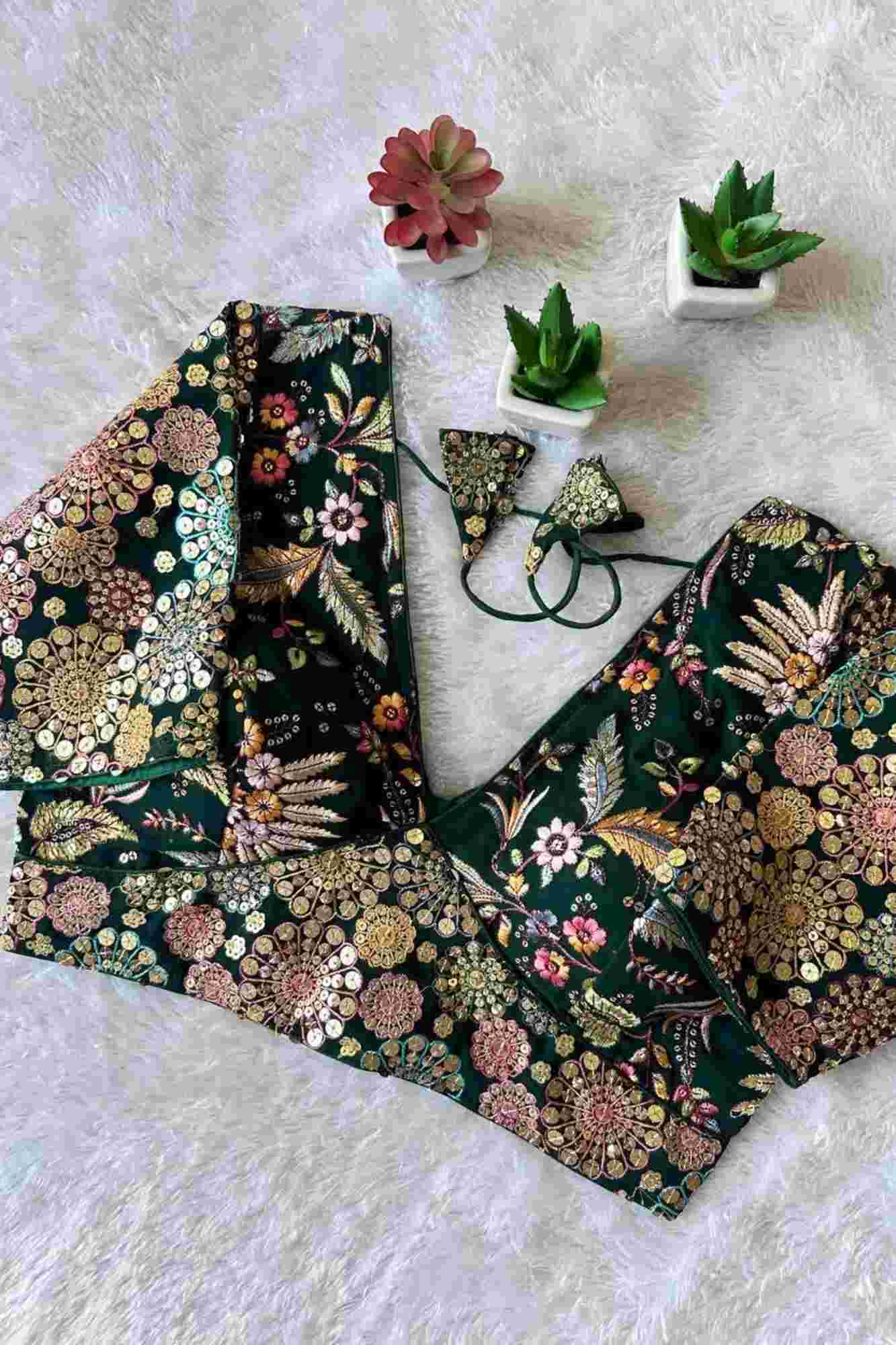 Dark Green Georgette Rangoli Embroidered Blouse with 9-Needle Multi Sequin Work Ready to Wear Blouse