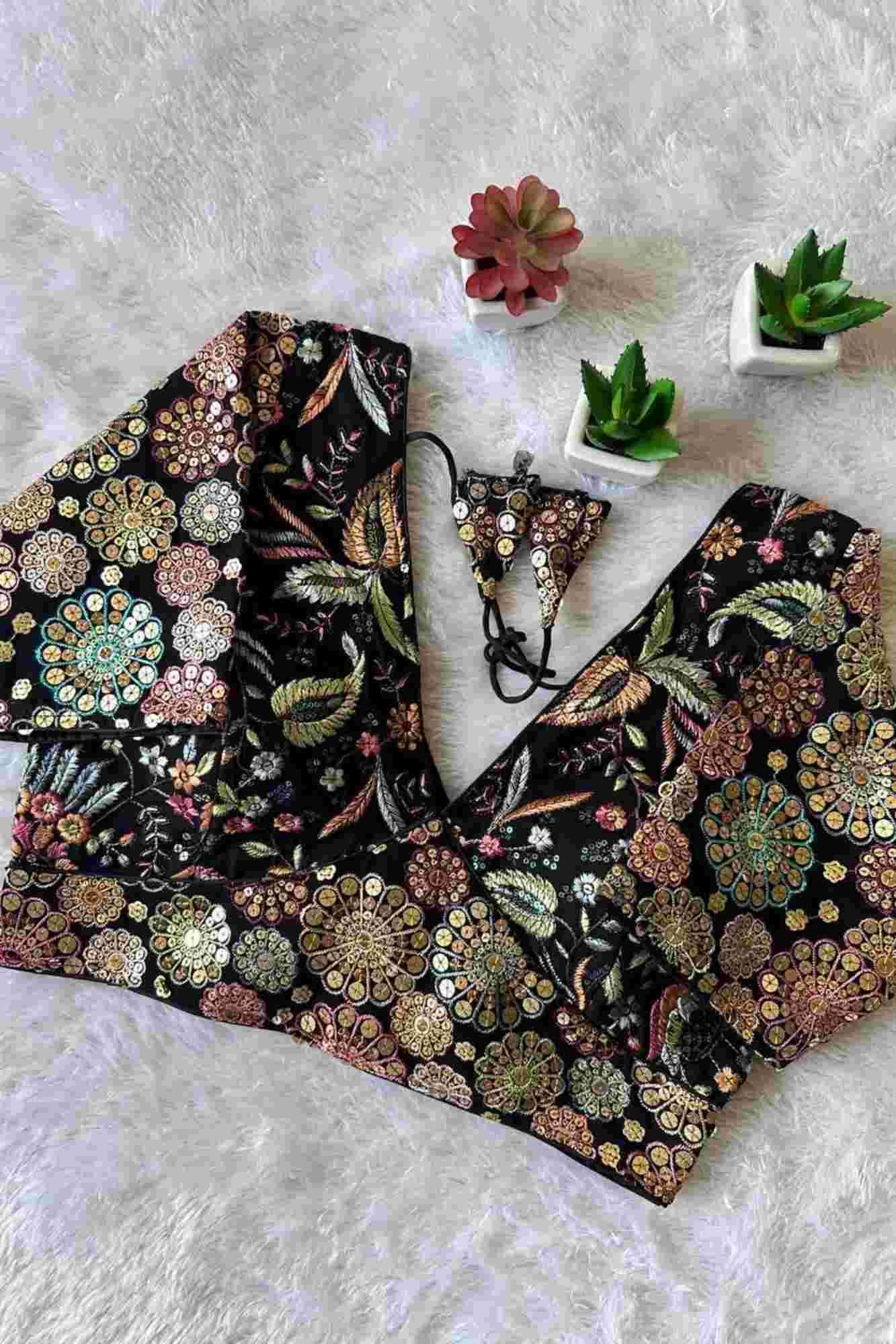 Black Georgette Rangoli Embroidered Blouse with 9-Needle Multi Sequin Work Ready to Wear Blouse