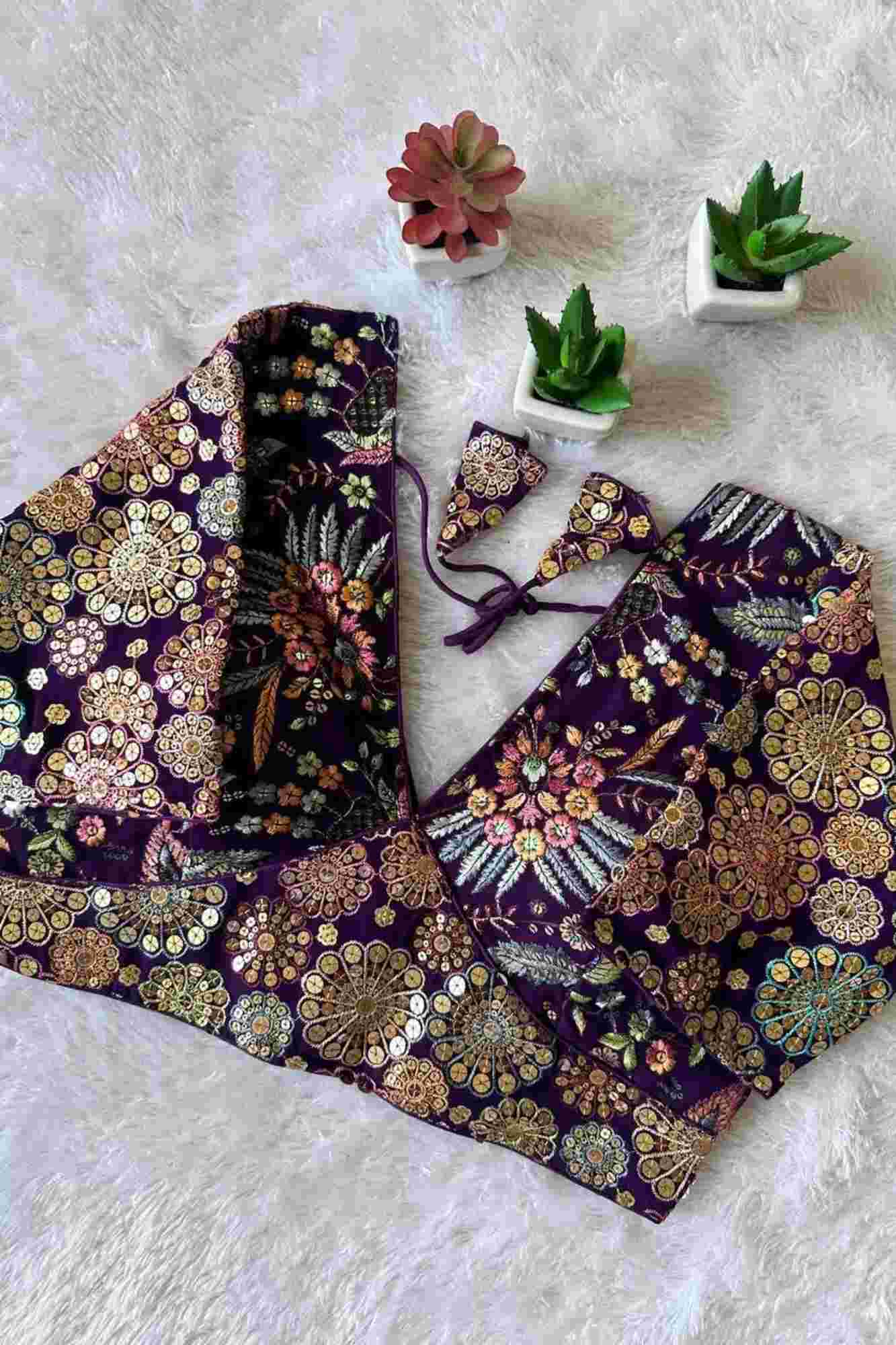 Purple Georgette Embroidered Blouse with 9-Needle Multi Sequin Work Ready To Wear Blouse