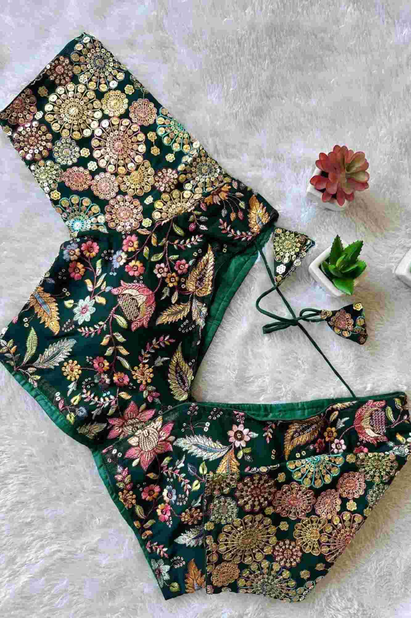 Dark Green Georgette Rangoli Embroidered Blouse with 9-Needle Multi Sequin Work Ready to Wear Blouse