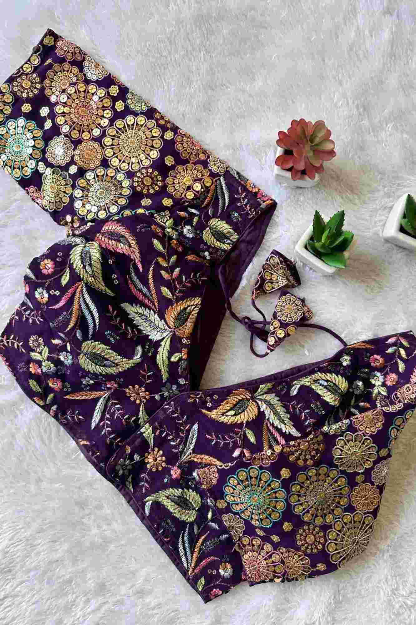 Purple Georgette Embroidered Blouse with 9-Needle Multi Sequin Work Ready To Wear Blouse