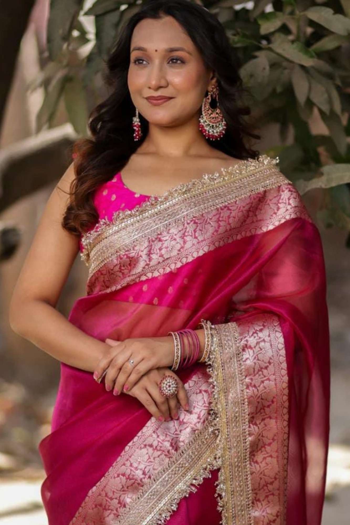 Rani Pink Banarasi-Inspired Tissue Silk with Zari-Embroidered Border Ready To Wear Saree