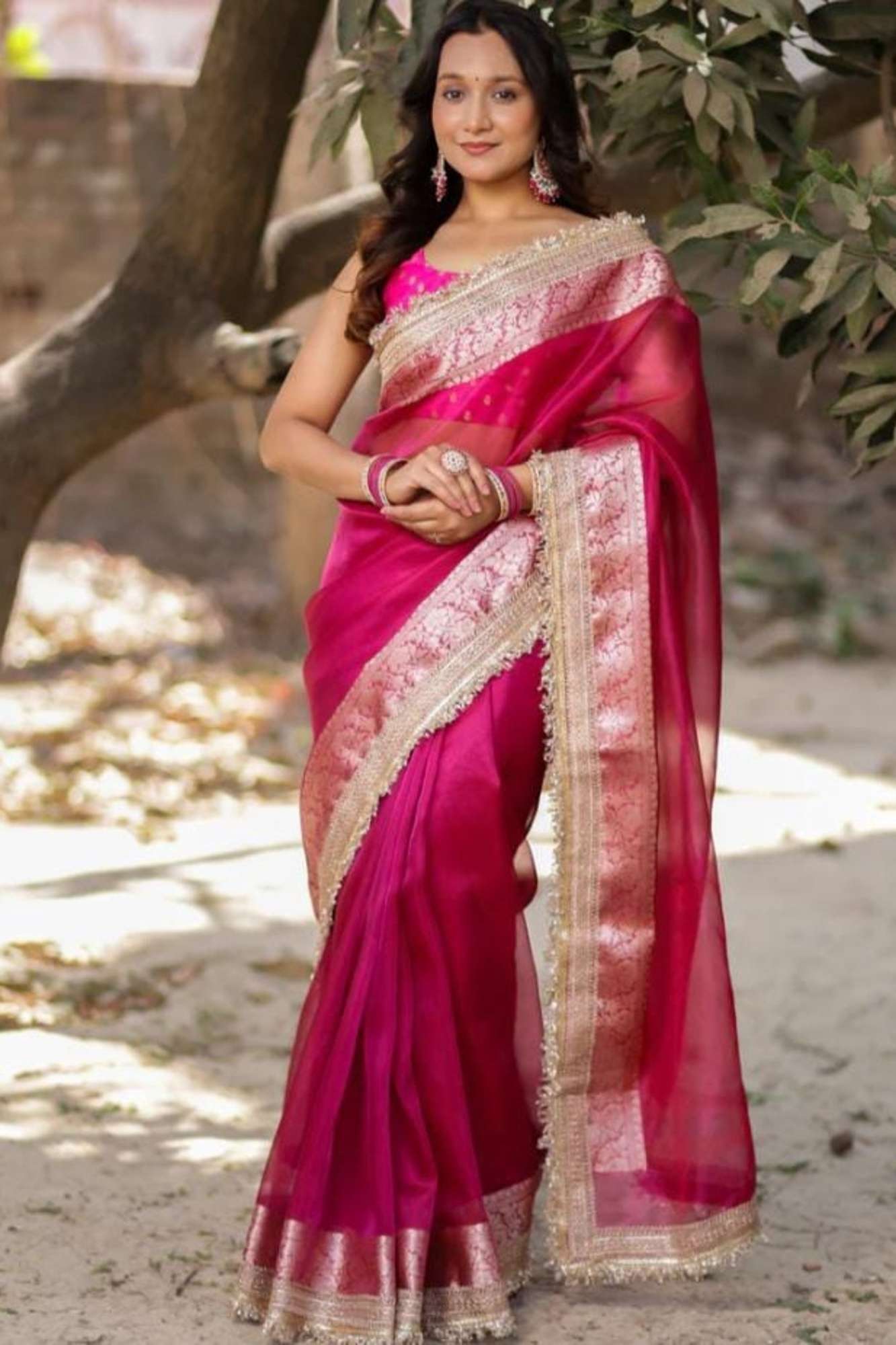 Rani Pink Banarasi-Inspired Tissue Silk with Zari-Embroidered Border Ready To Wear Saree