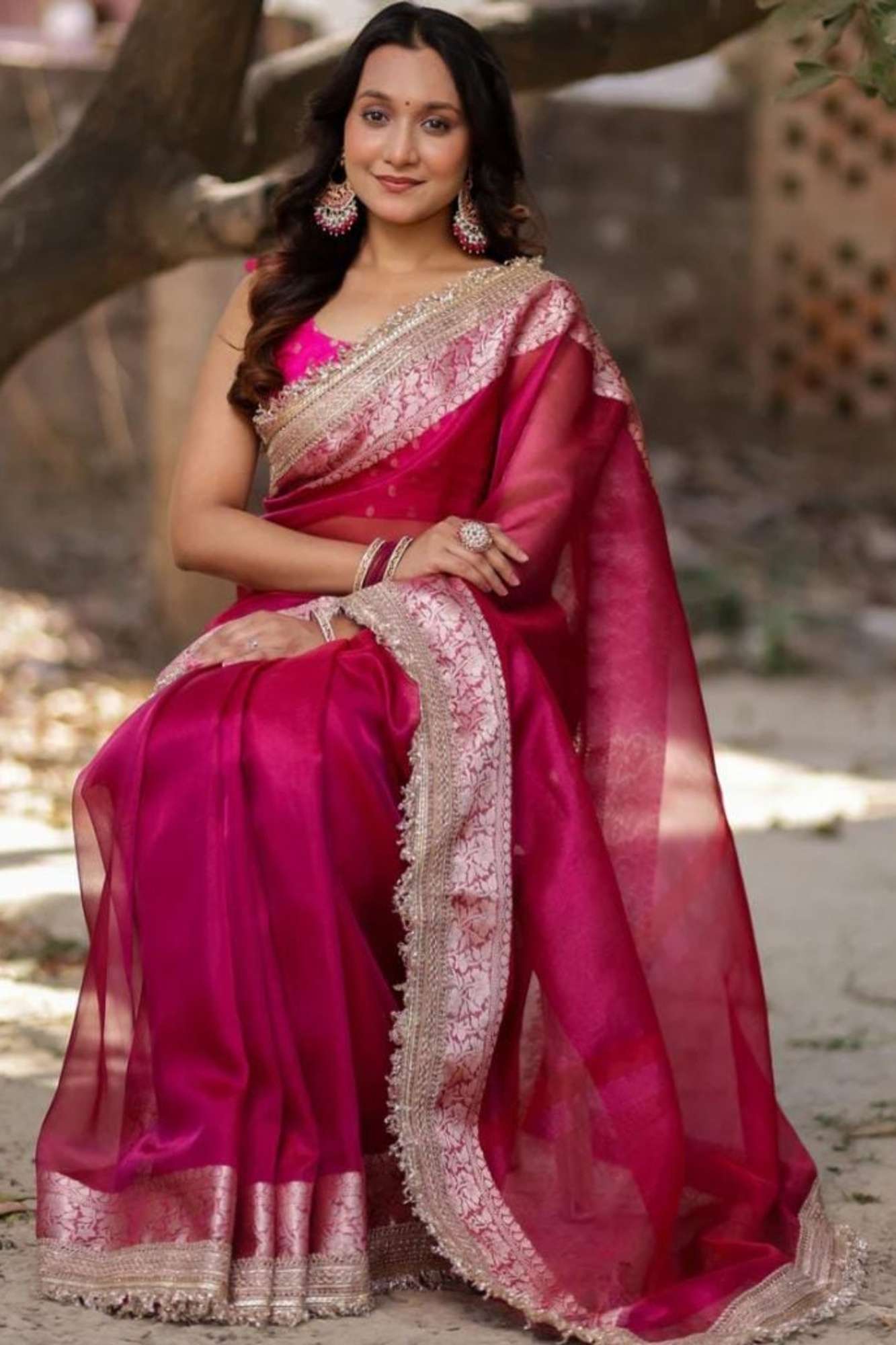 Rani Pink Banarasi-Inspired Tissue Silk with Zari-Embroidered Border Ready To Wear Saree