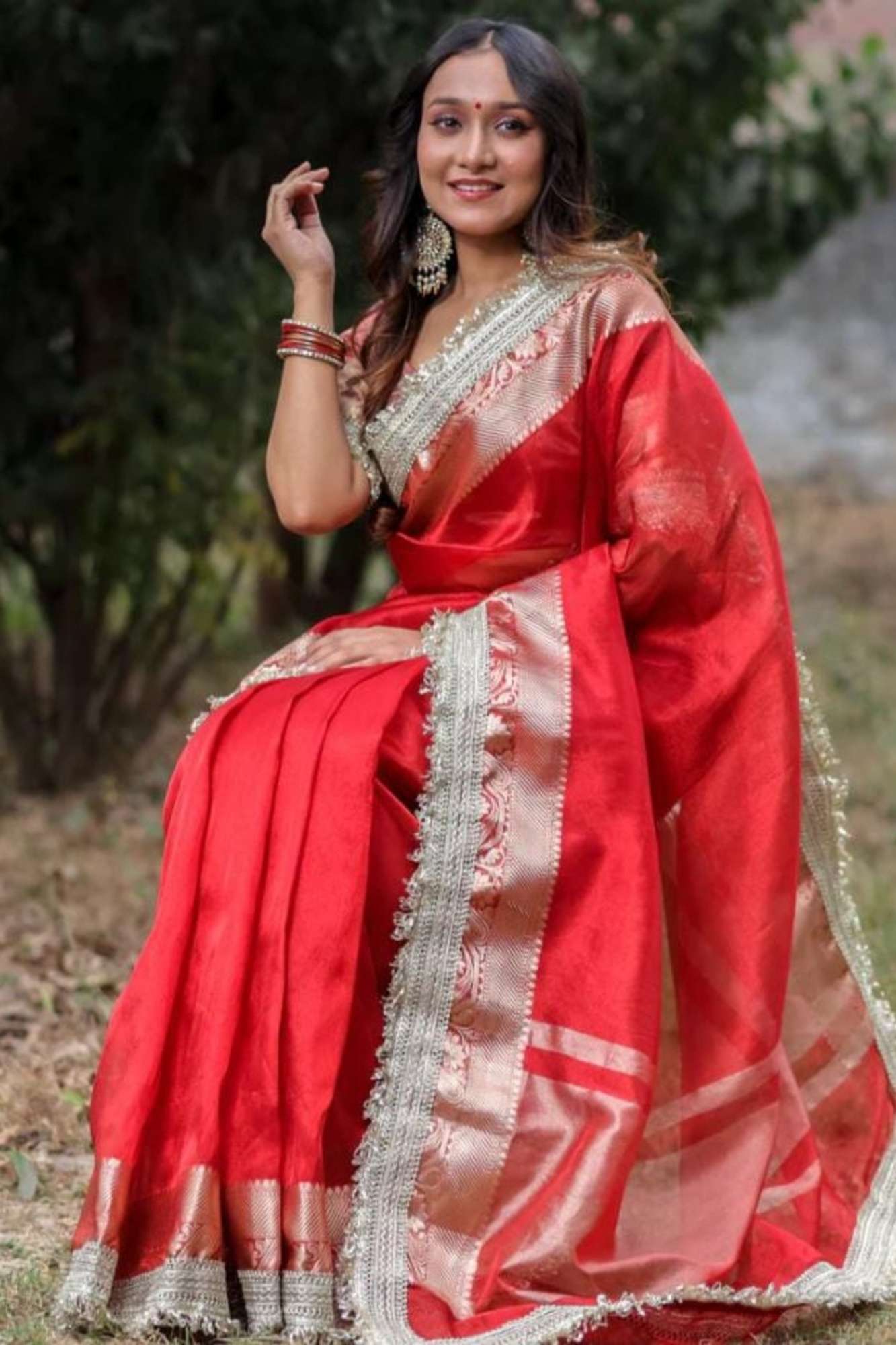 Banarasi-Inspired Tissue Silk with Zari-Embroidered Border Ready To Wear Saree