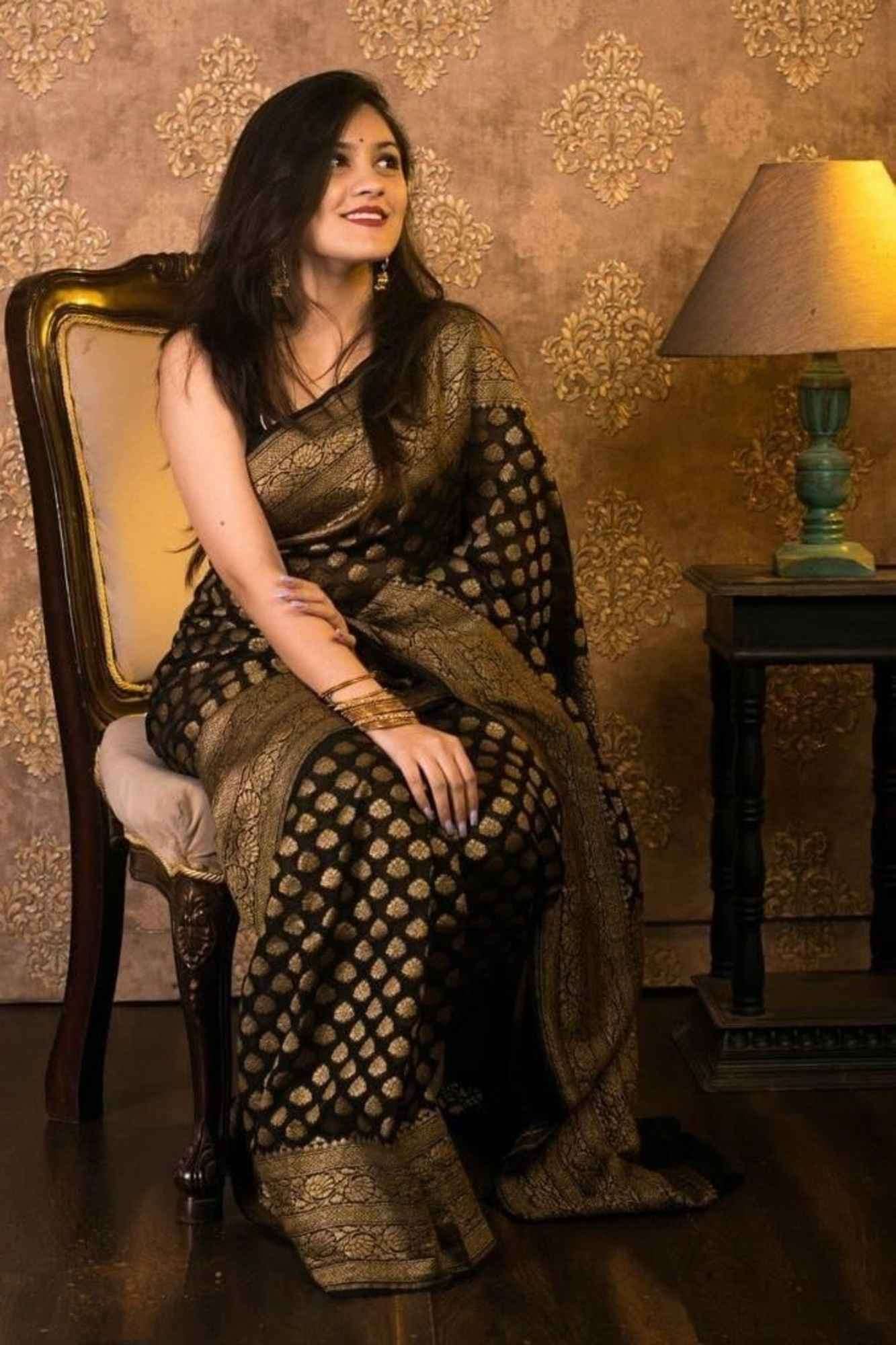 Khadi Georgette Silk IN Black with Golden Woven Motifs Ready To Wear Saree
