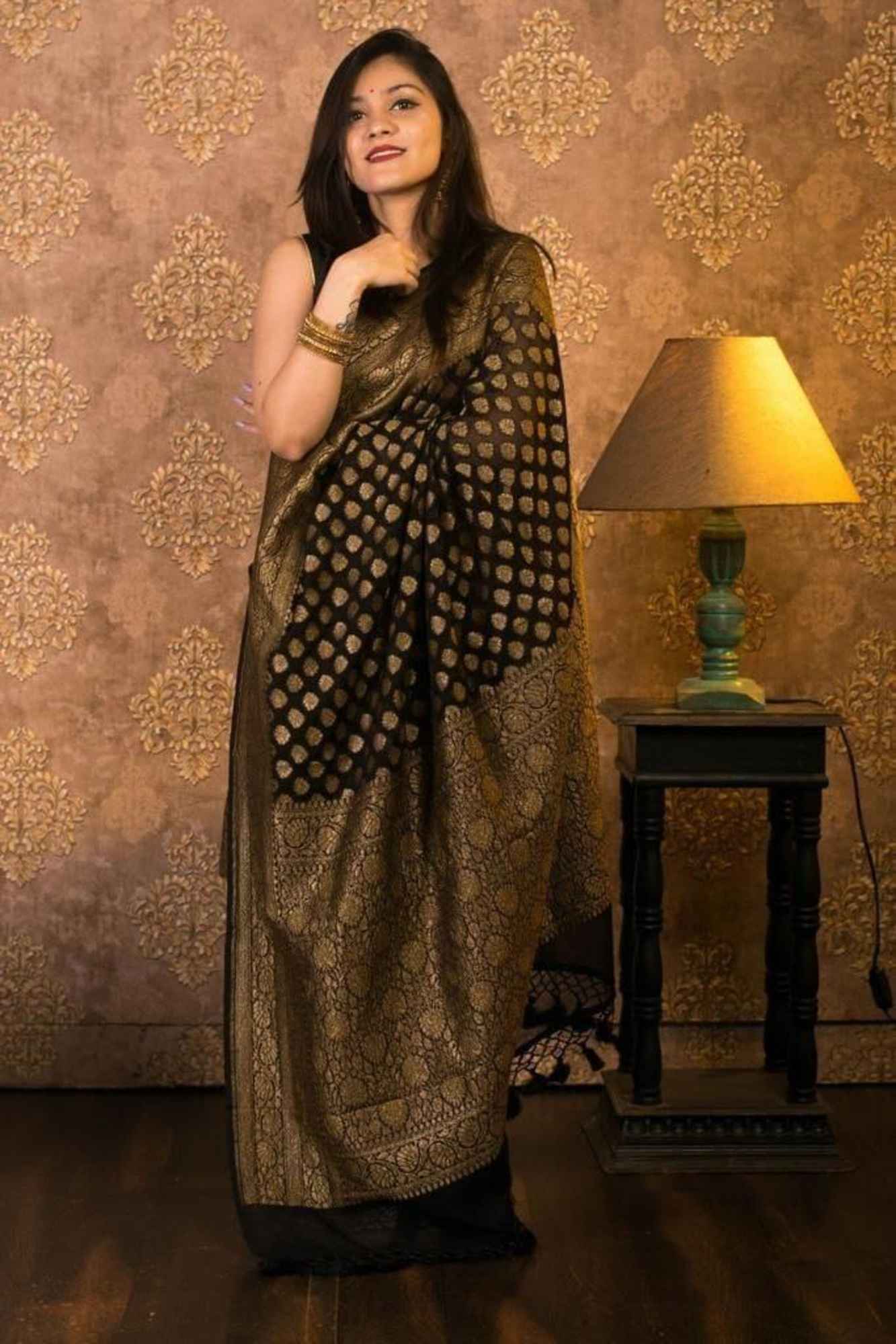 Khadi Georgette Silk IN Black with Golden Woven Motifs Ready To Wear Saree