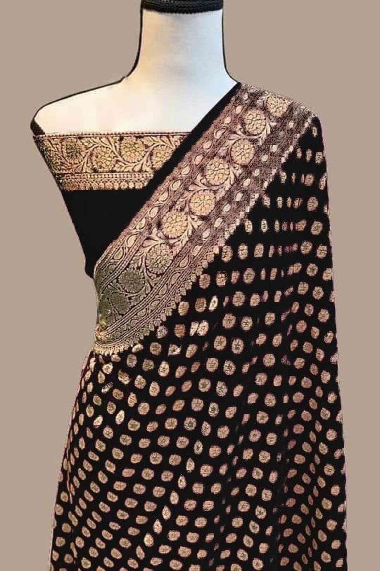 Khadi Georgette Silk IN Black with Golden Woven Motifs Ready To Wear Saree