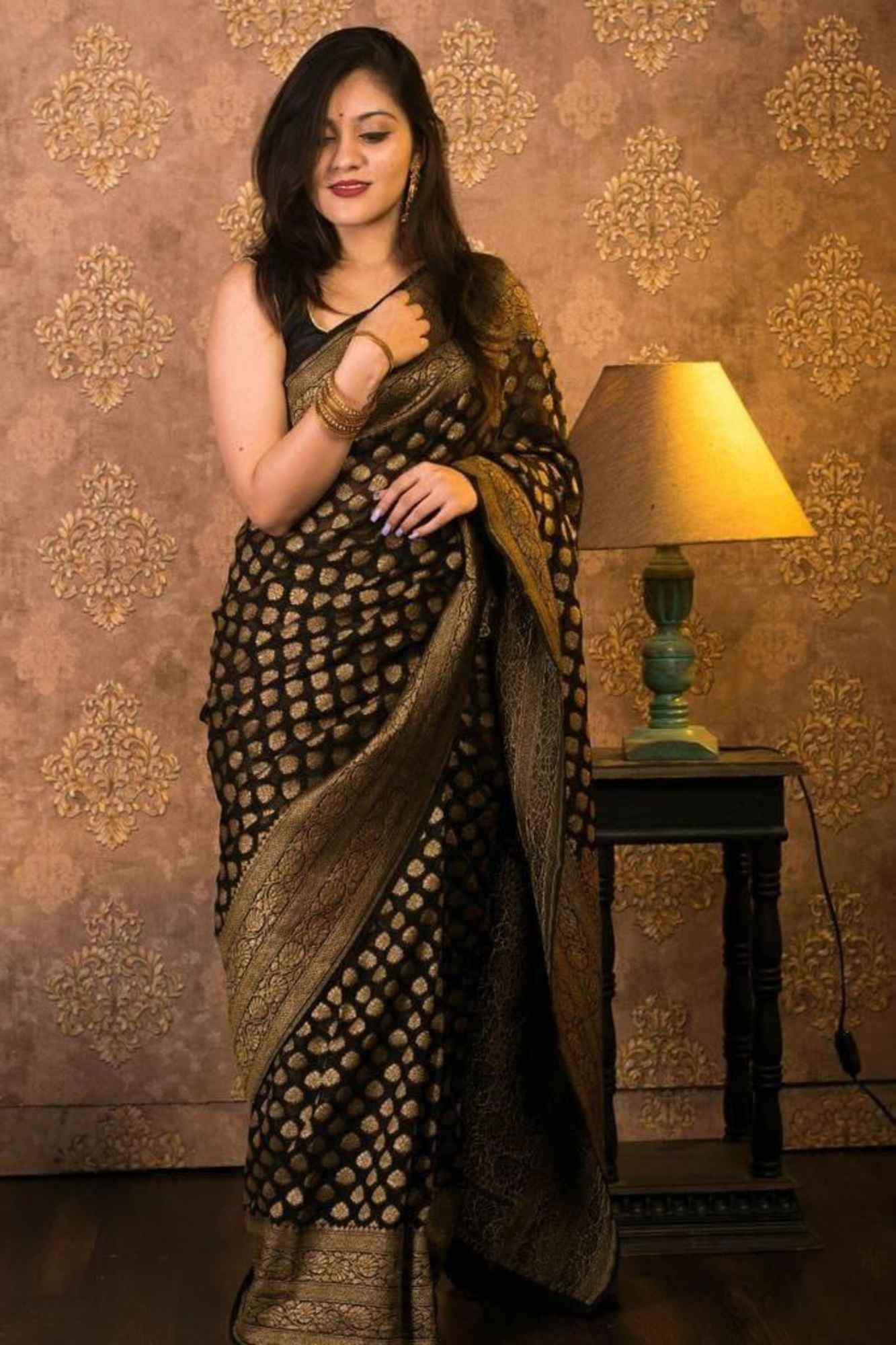 Khadi Georgette Silk IN Black with Golden Woven Motifs Ready To Wear Saree
