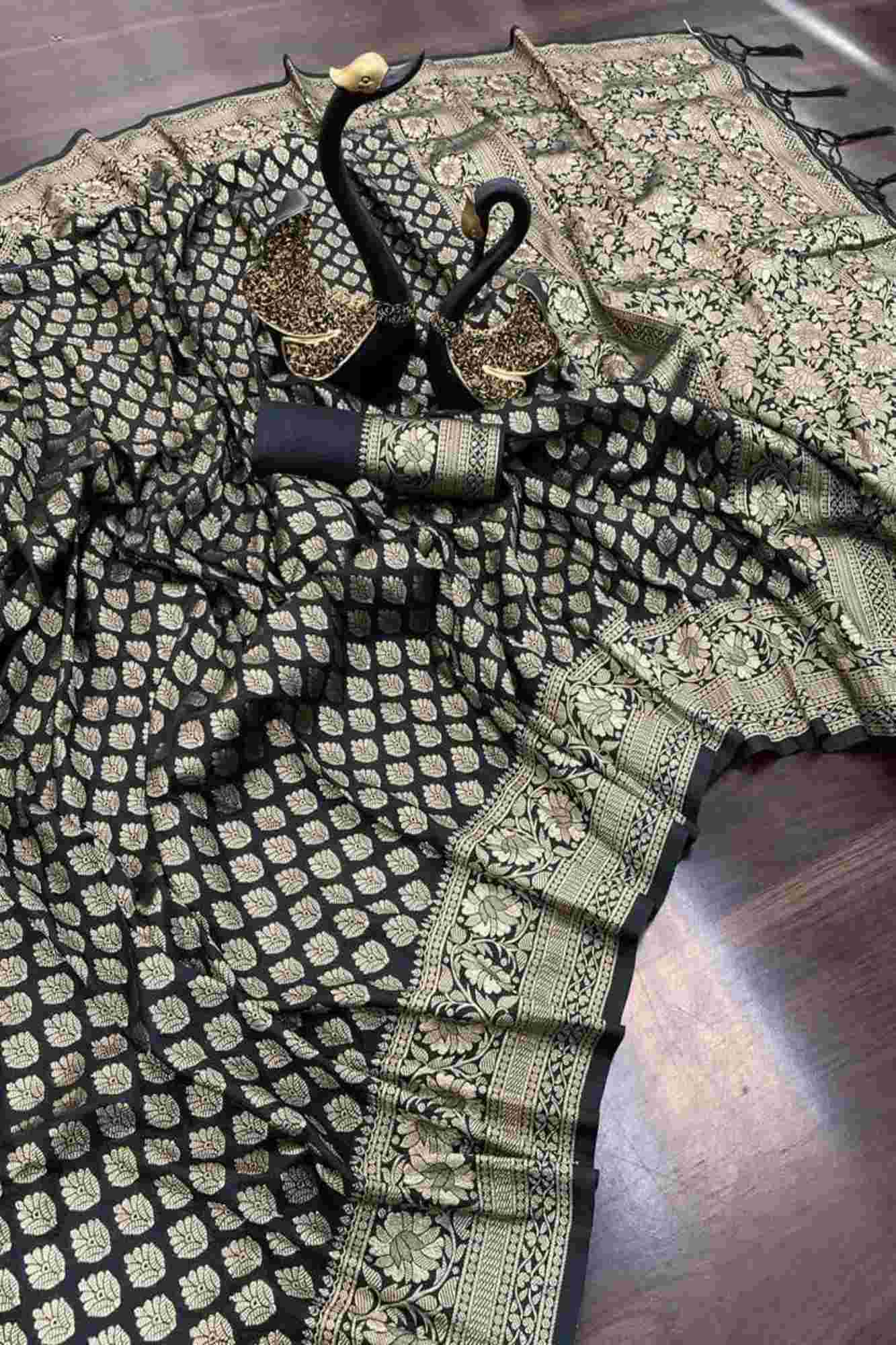 Khadi Georgette Silk IN Black with Golden Woven Motifs Ready To Wear Saree