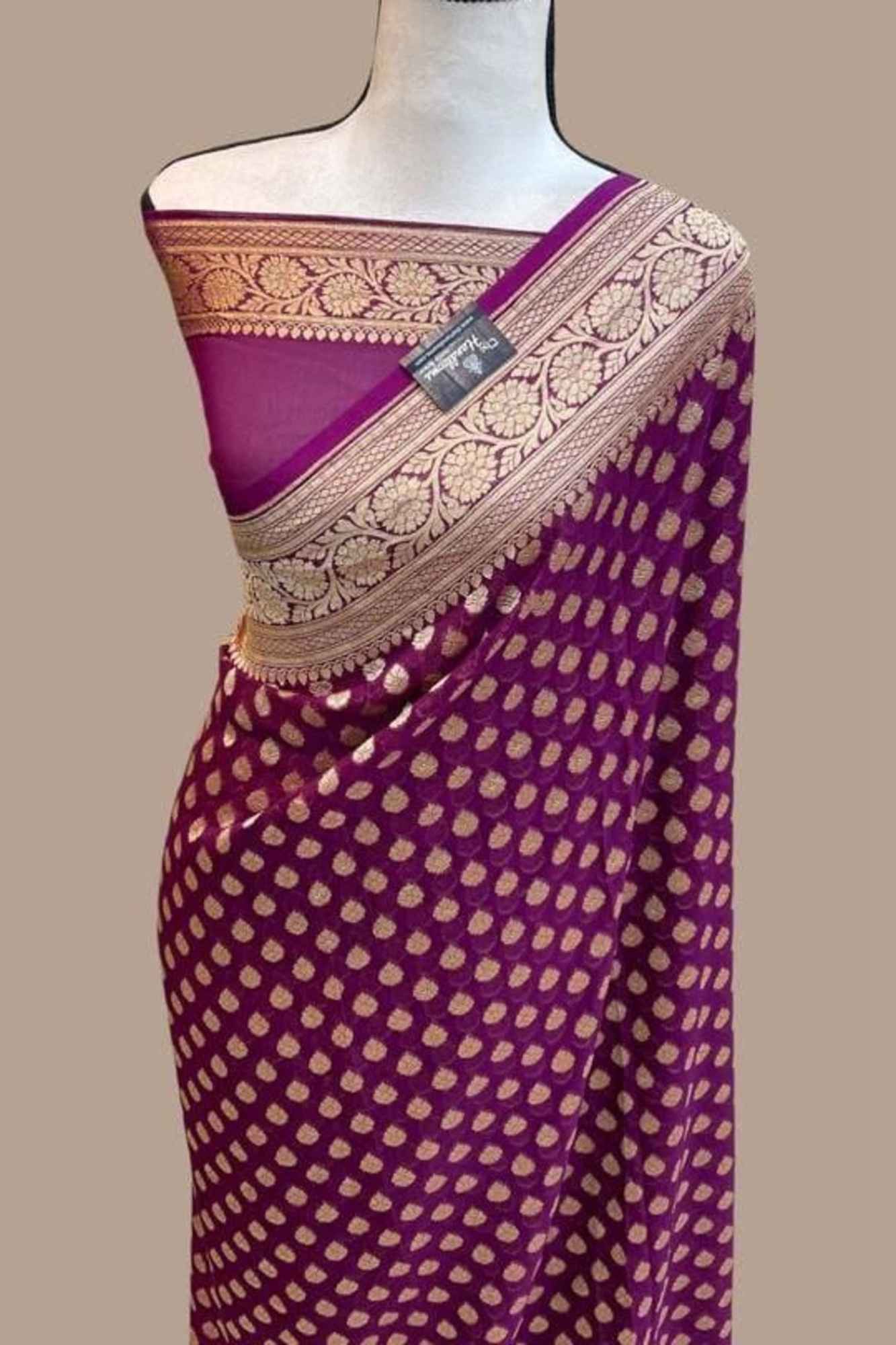 Royal Purple Khadi Georgette Silk with Intricate Gold Zari Work Ready To Wear Saree