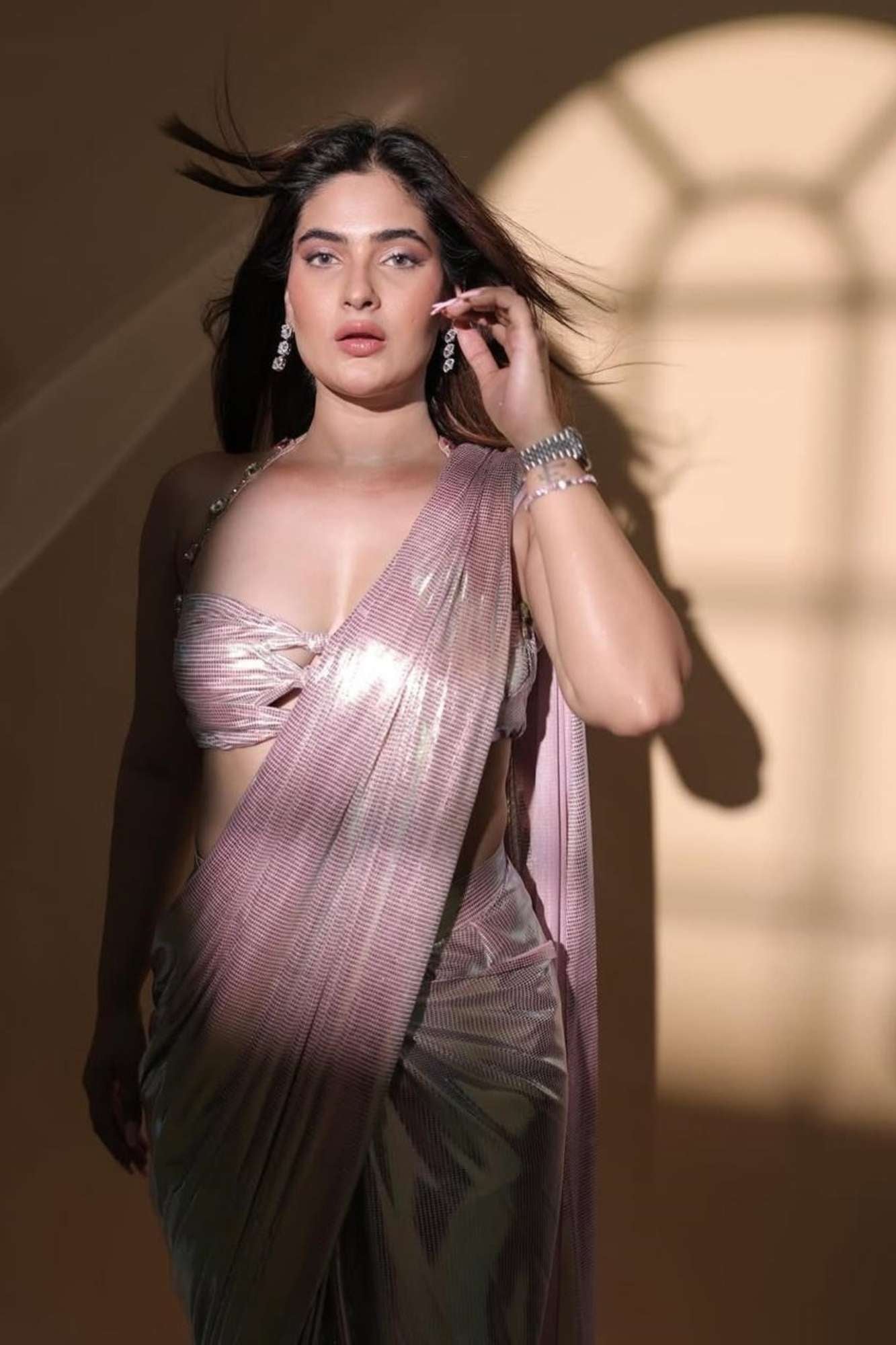 Metallic Rose Pink with Sculpted Blouse Ready To Wear Saree