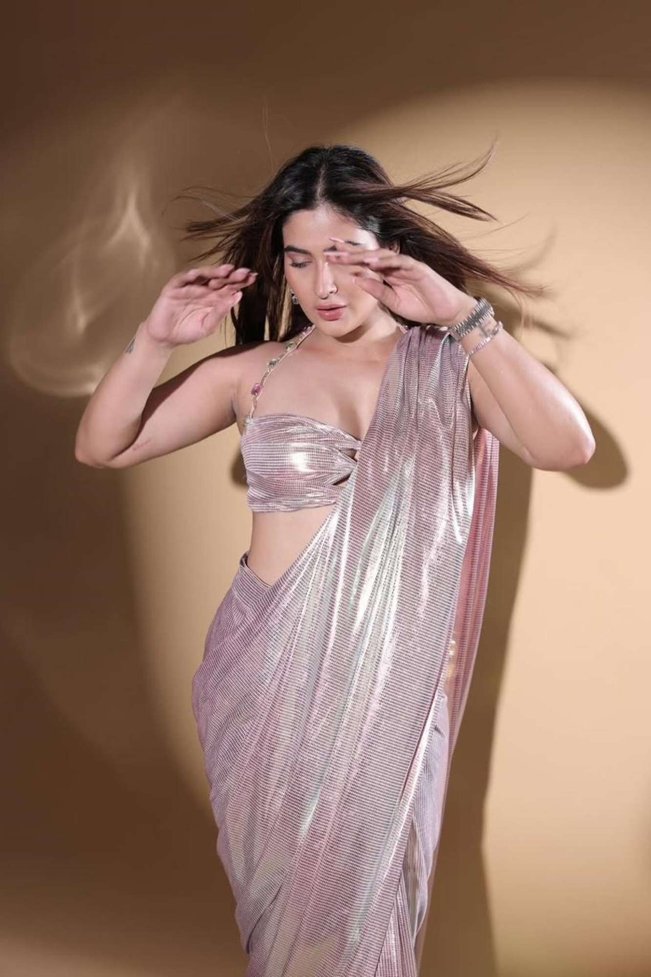 Metallic Rose Pink with Sculpted Blouse Ready To Wear Saree