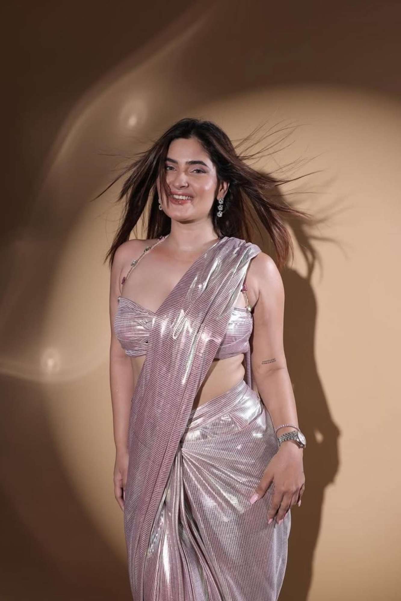 Metallic Rose Pink with Sculpted Blouse Ready To Wear Saree