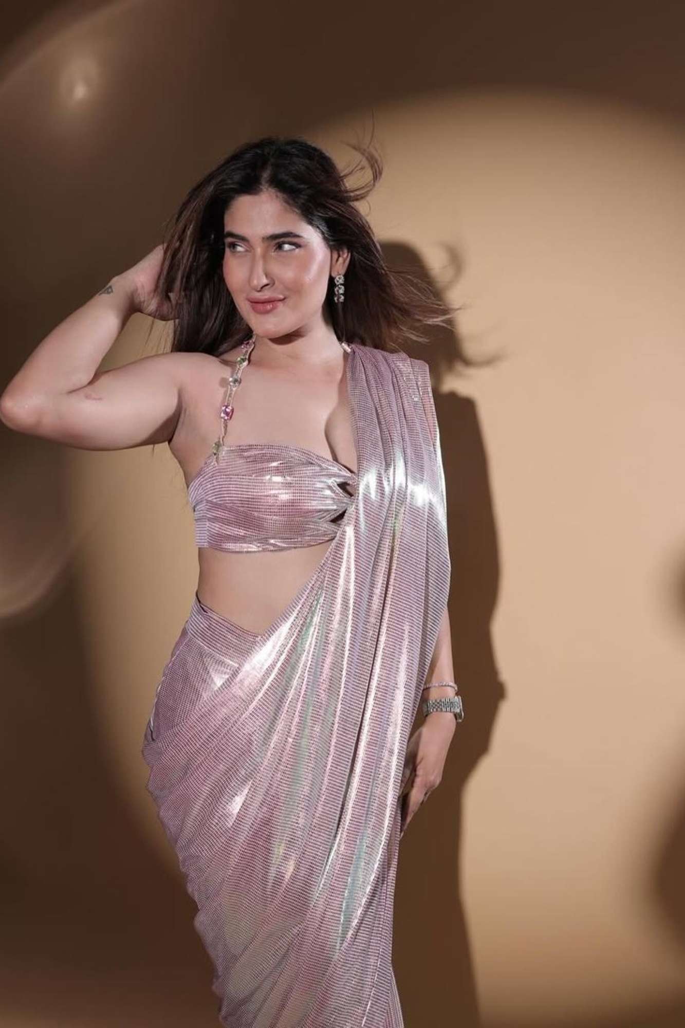 Metallic Rose Pink with Sculpted Blouse Ready To Wear Saree