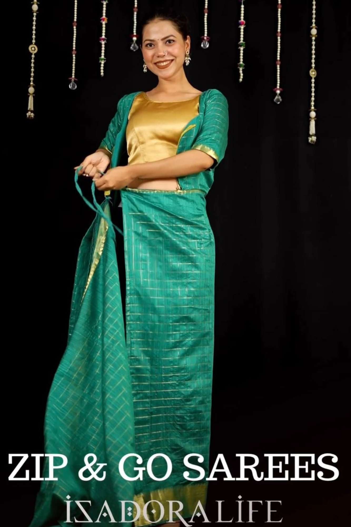 Zip & Go Saree: Cotton with Check Pattern and Golden Zari Border Zip and Go saree