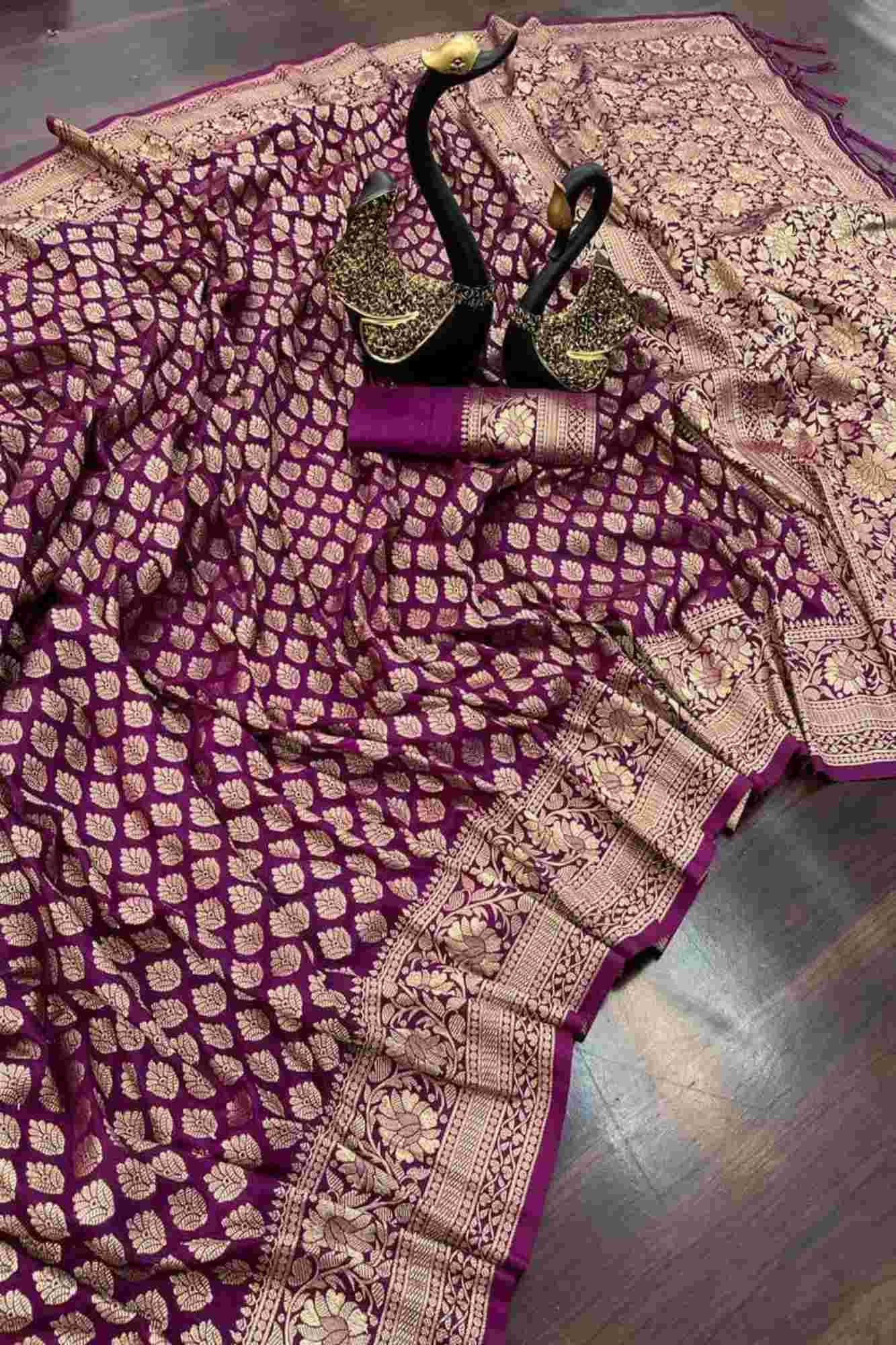 Royal Purple Khadi Georgette Silk with Intricate Gold Zari Work Ready To Wear Saree