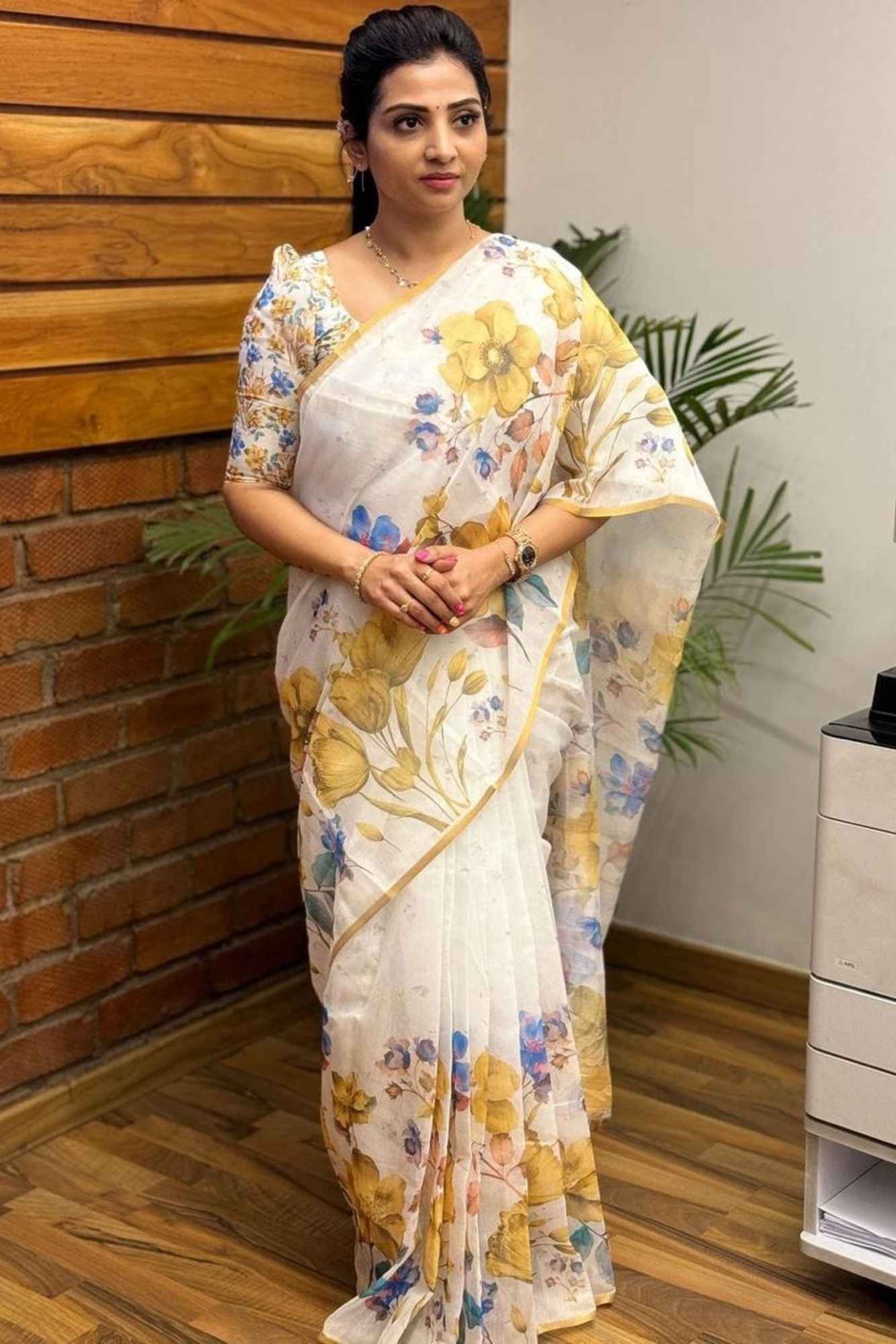 Linen with Vibrant Floral Digital Print Ready To Wear Saree