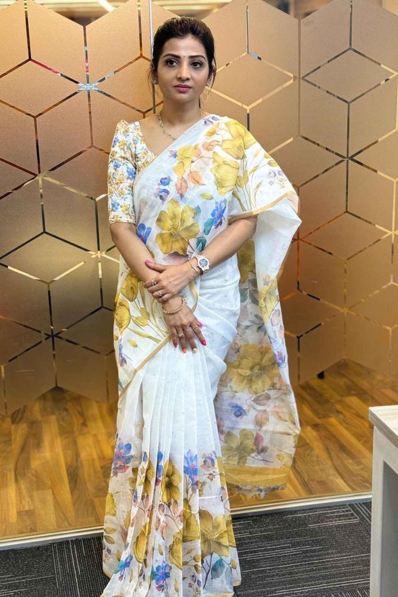 Linen with Vibrant Floral Digital Print Ready To Wear Saree