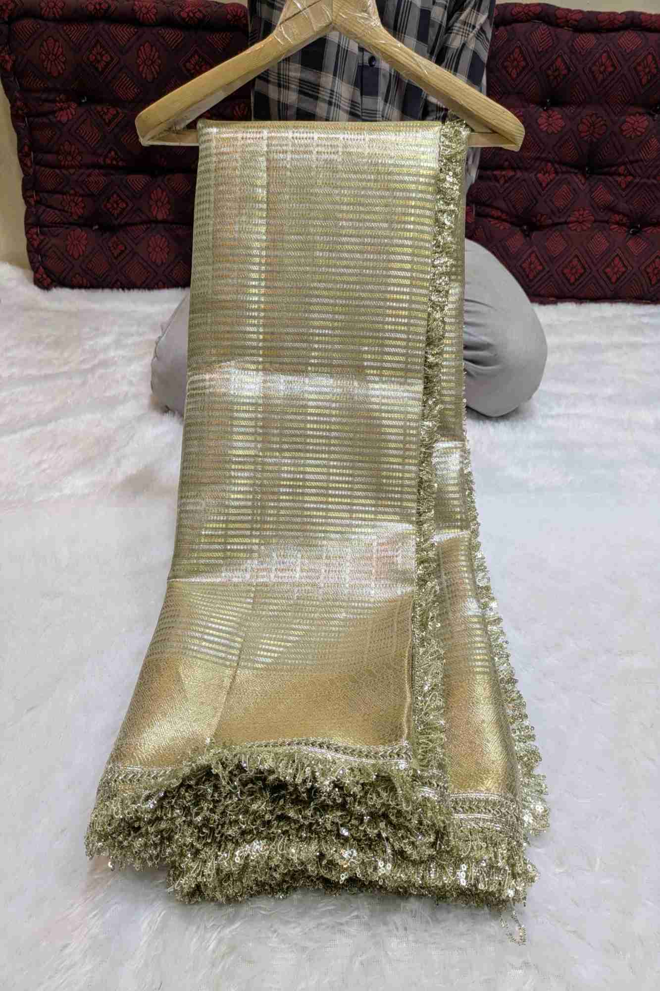 Golden Tissue with Textured Stripes & Sequin-Fringe Border Ready To Wear Saree
