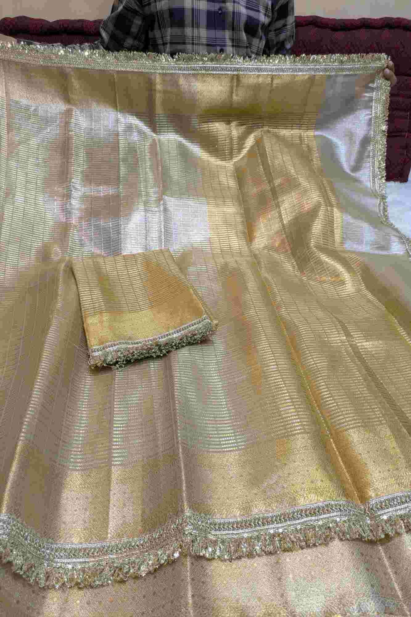 Golden Tissue with Textured Stripes & Sequin-Fringe Border Ready To Wear Saree