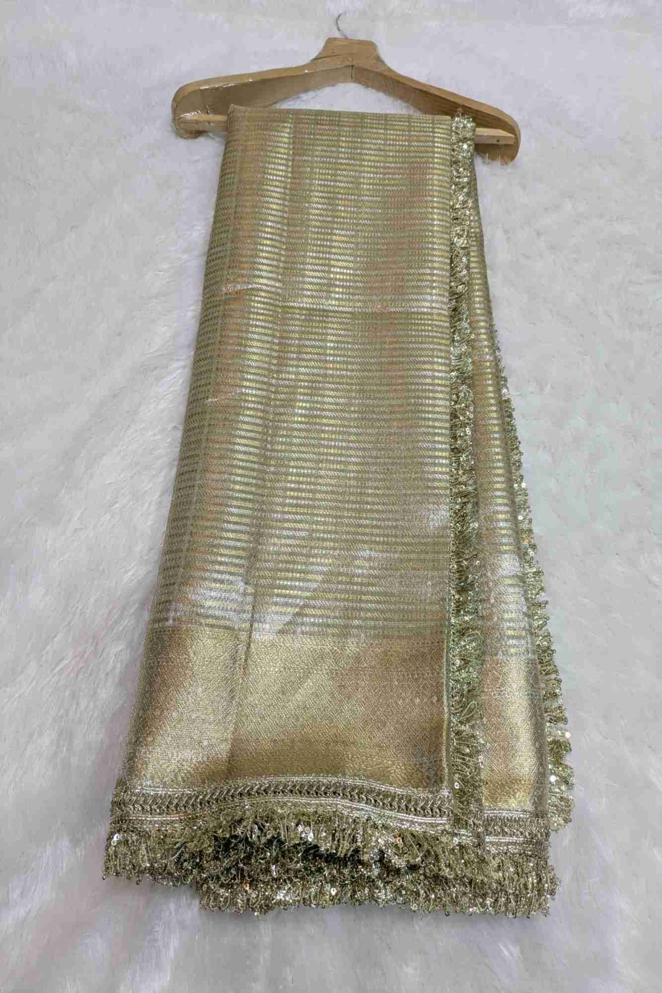 Golden Tissue with Textured Stripes & Sequin-Fringe Border Ready To Wear Saree