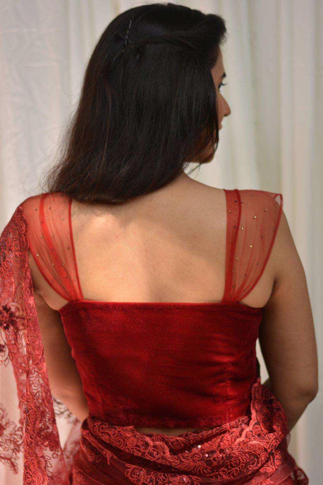 Red velvet Blouse with Net fan strap