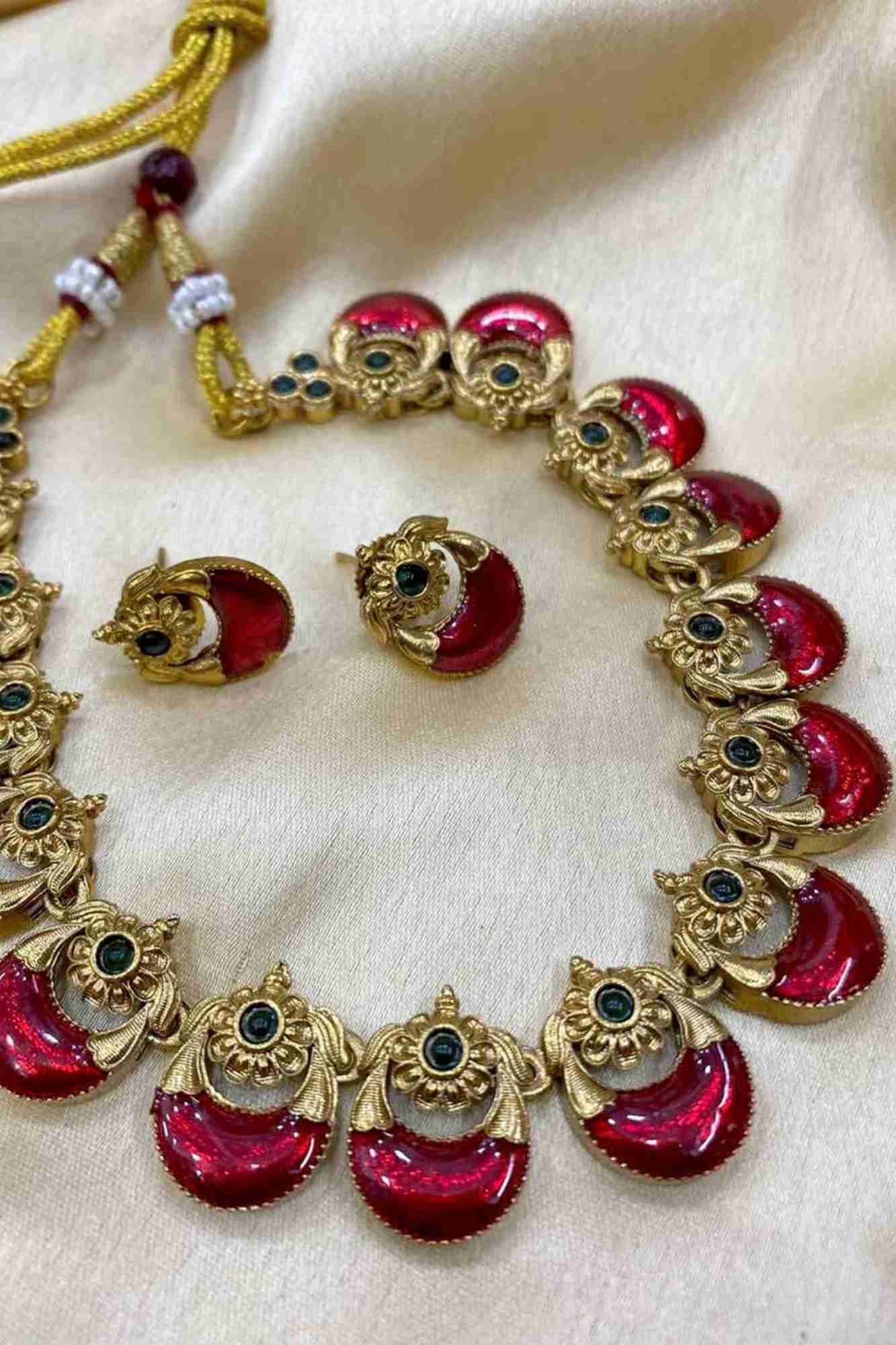 Red Necklace Set with Floral Detailing and Bold Crescent Motifs With Matching Earring
