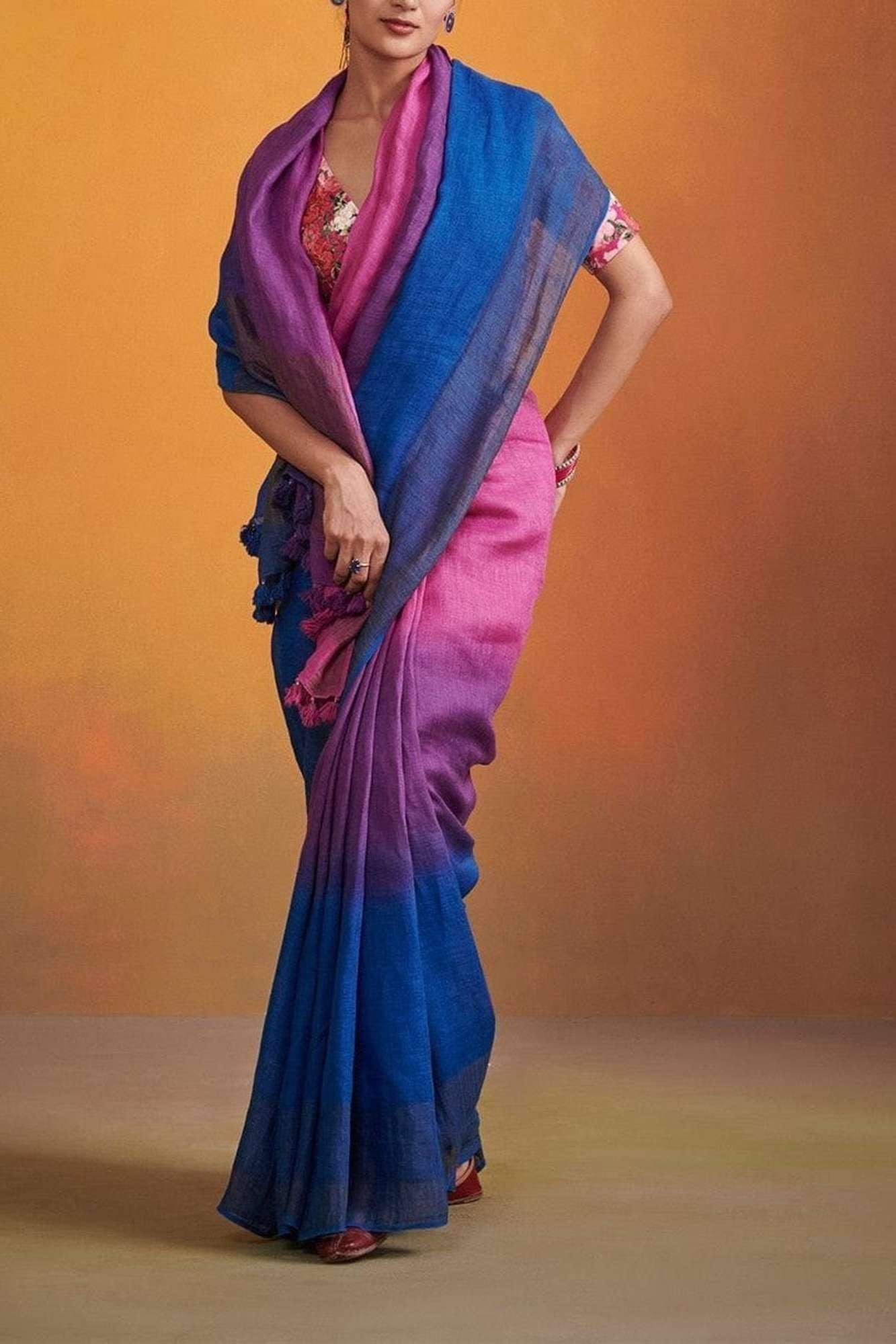 Linen with Subtle Self Border and Tassel Detailing Ready To Wear Saree
