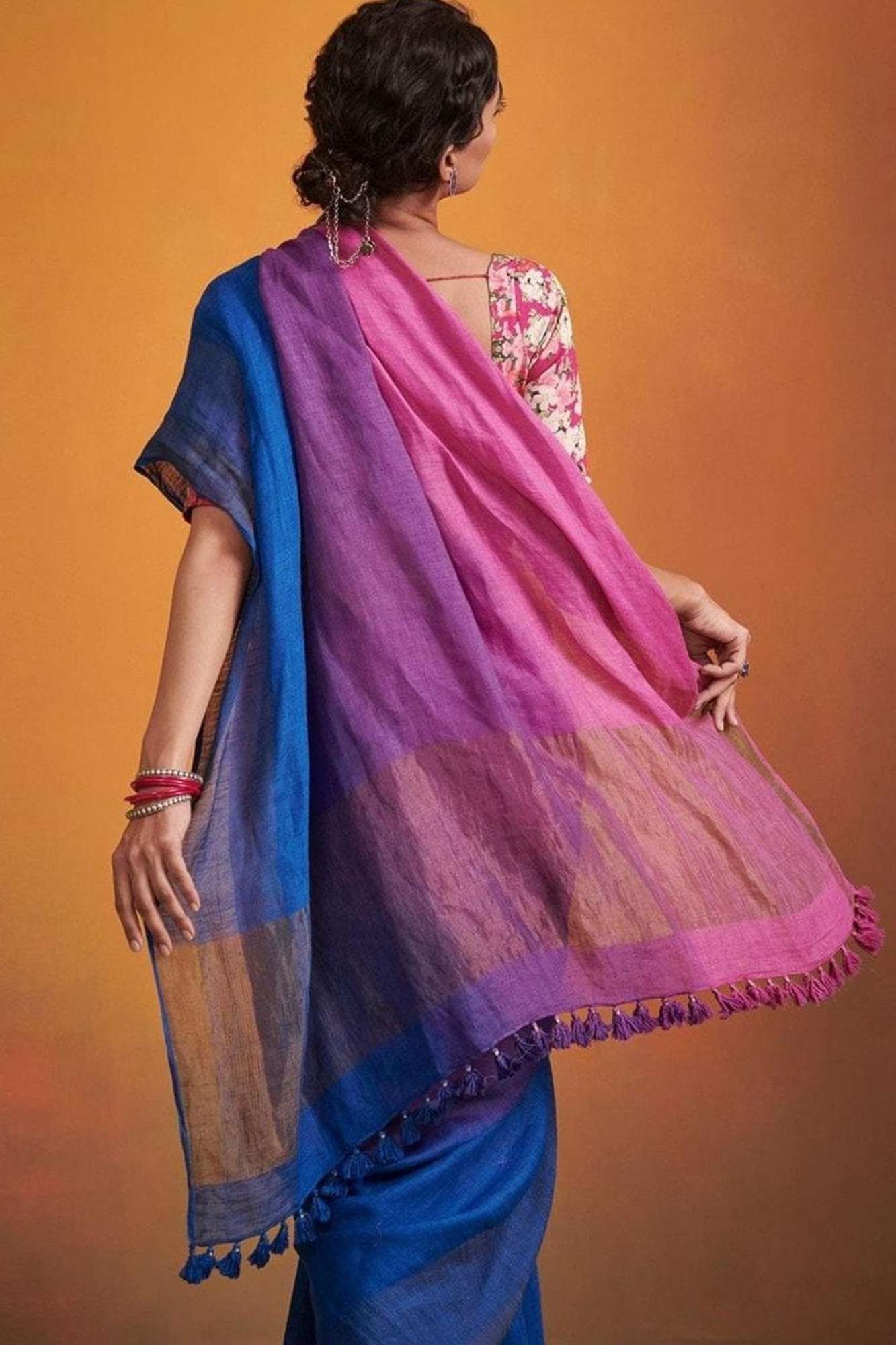 Linen with Subtle Self Border and Tassel Detailing Ready To Wear Saree