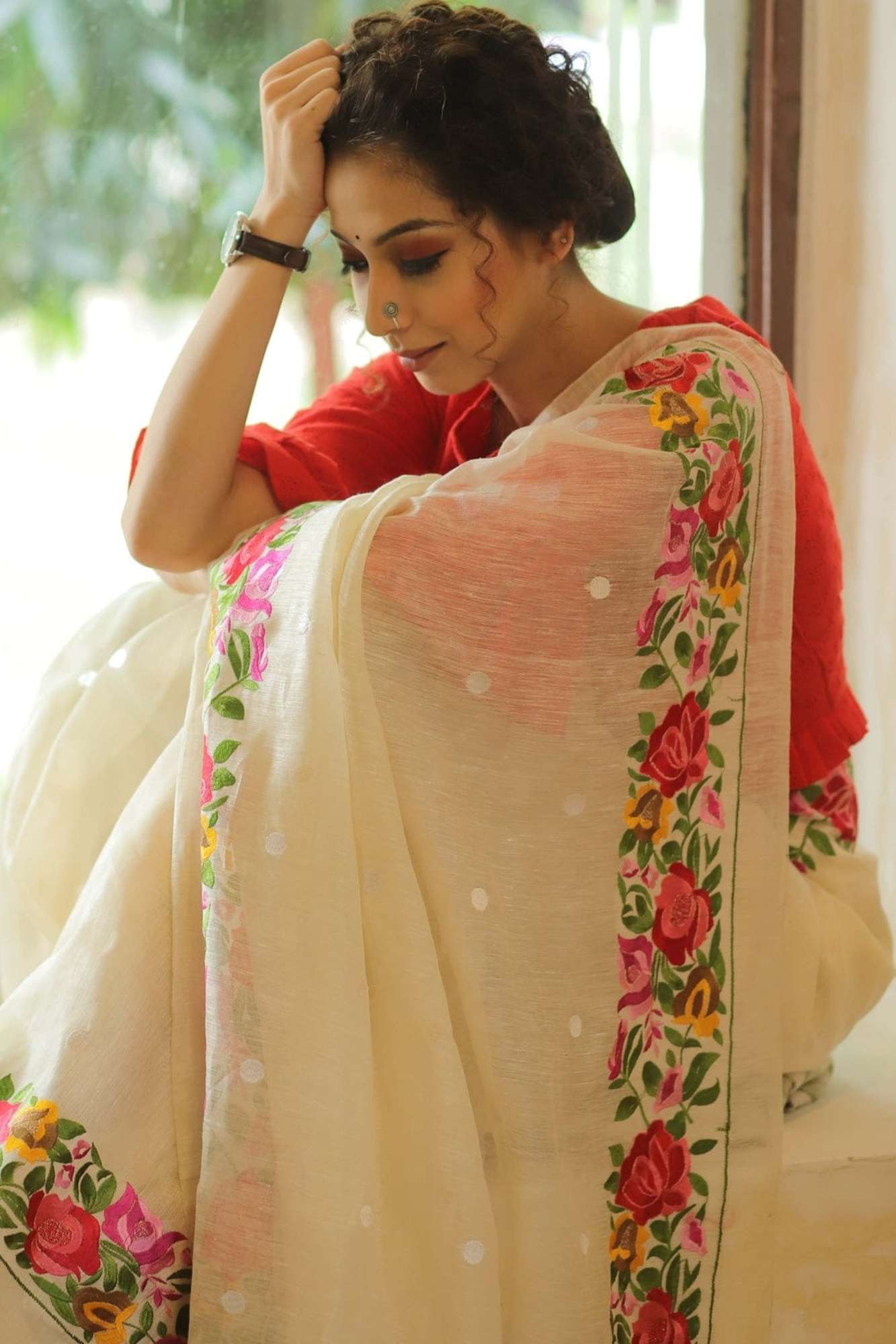 Mulberry Silk Linen with Golden Zari Border & Digital Floral Embroidery Ready To Wear Saree