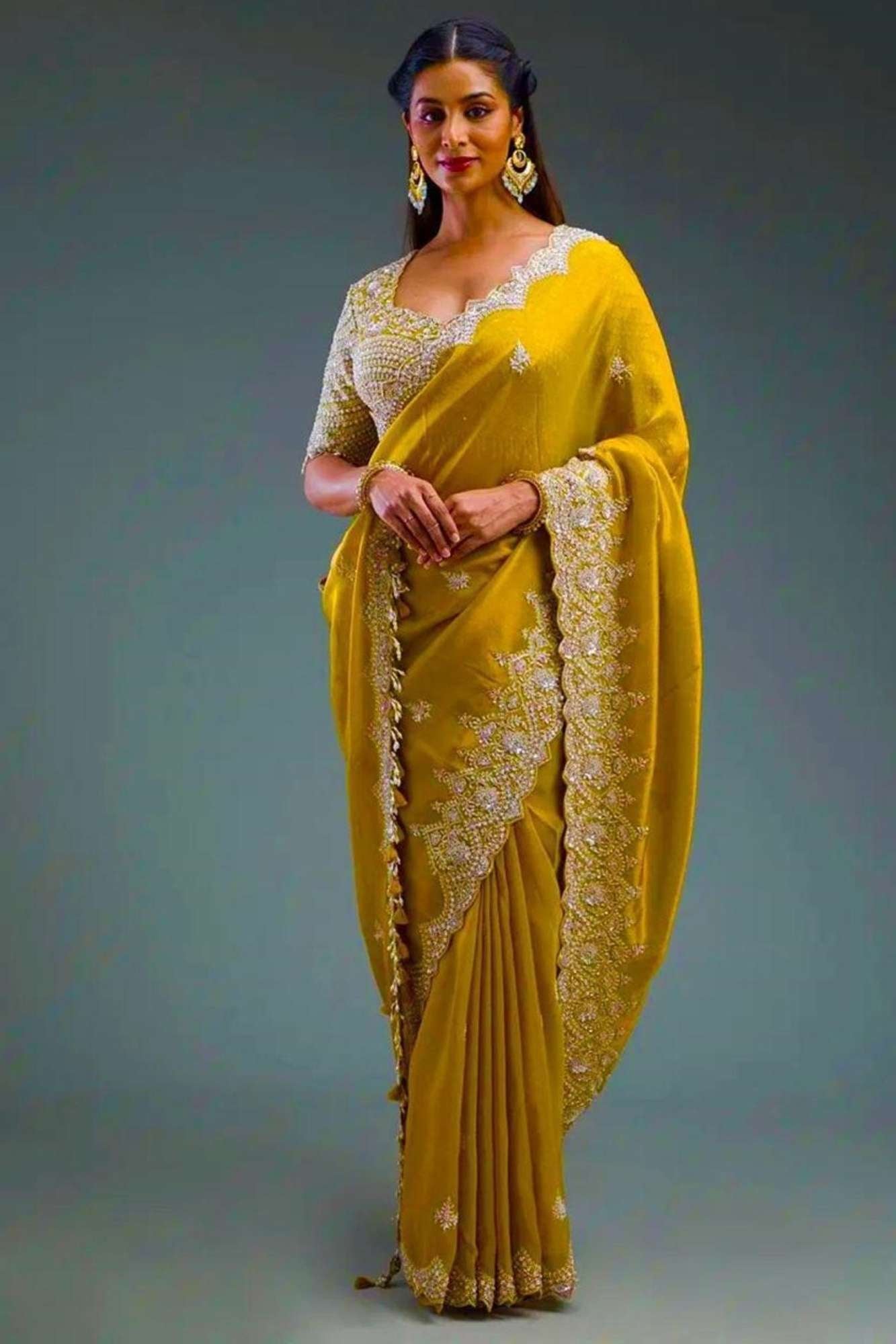 Gold Crush Silk with Zari & Sequin Embroidered C-Pallu and Cutwork Border Ready To Wear Sare