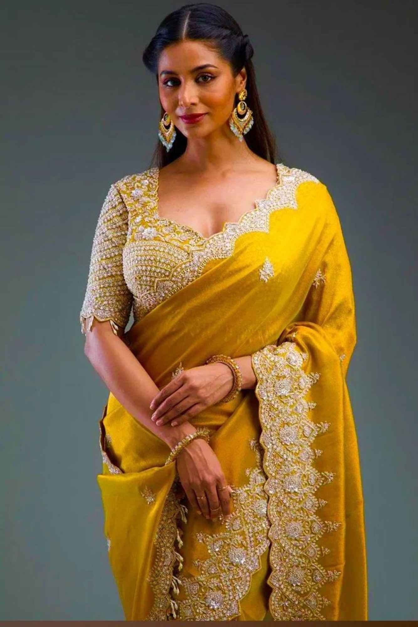 Gold Crush Silk with Zari & Sequin Embroidered C-Pallu and Cutwork Border Ready To Wear Sare